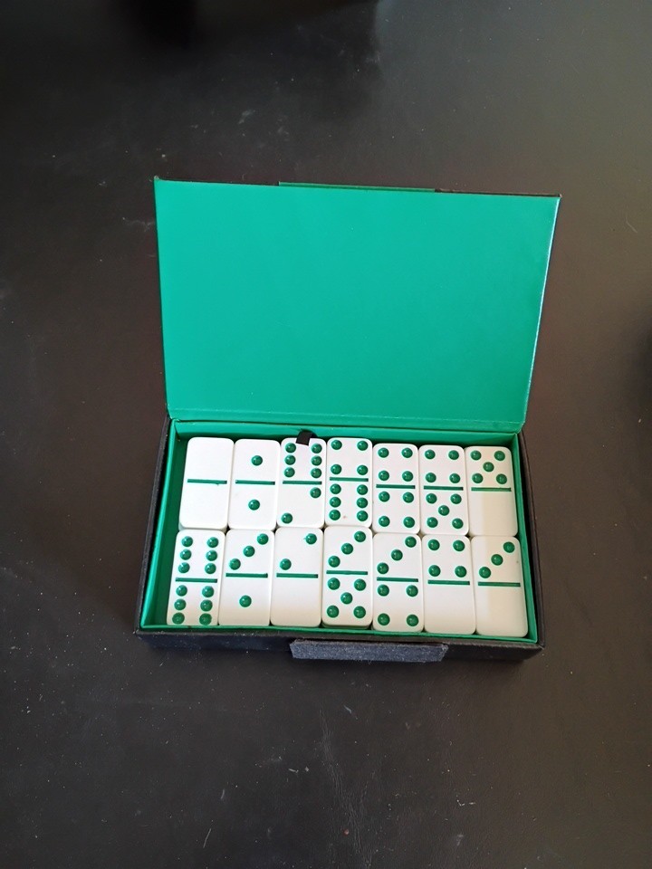 Vintage Double Six Dominoes Set in the original Green vinyl case B24