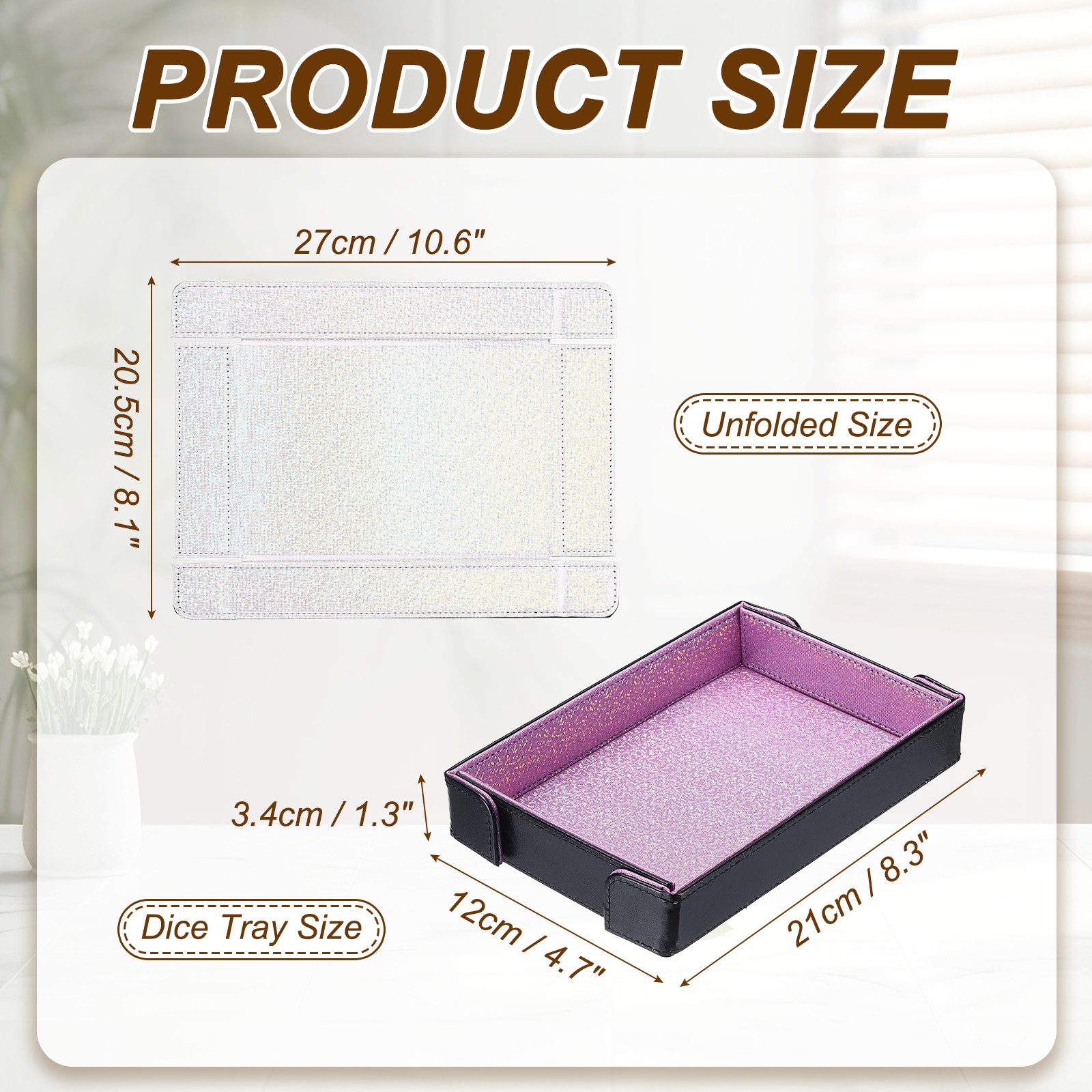 PU Leather Dice Tray, Rectangle Folding Dice Rolling Tray, Glitter Light Purple