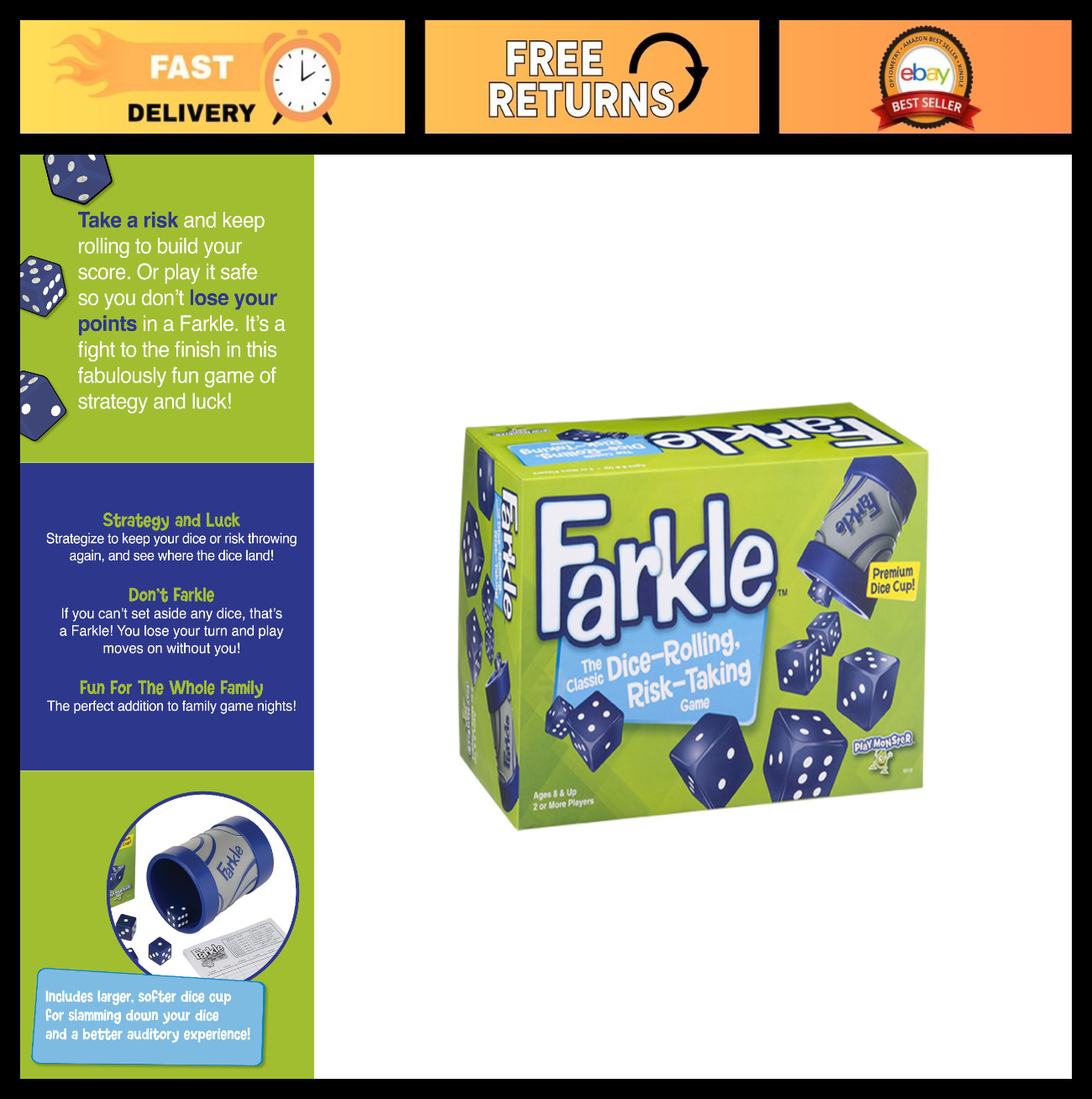 Classic Farkle Dice Game – Fun Family & Travel Game, Includes Dice Cup & Score S