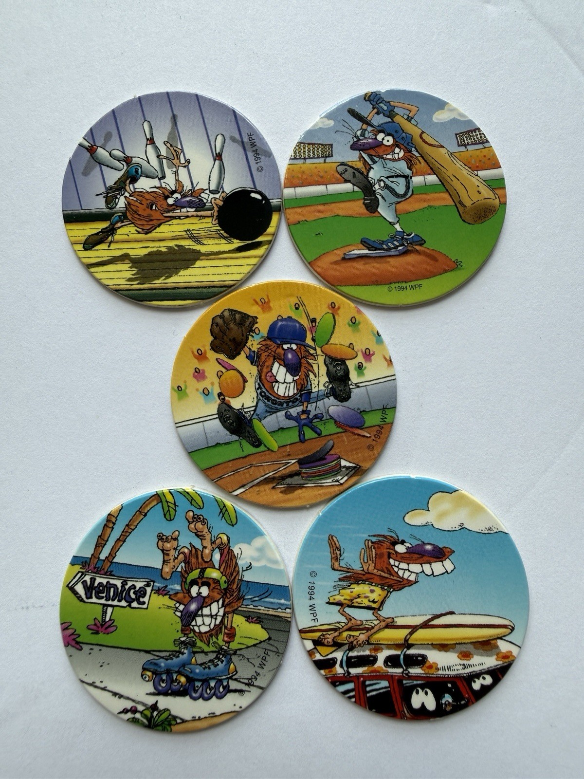 94 WPF Cartoon Sports POG Lot of 5 Series 2 Baseball Bowling Surf Venice Vintage