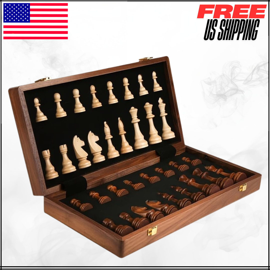Tournament Walnut Chess Set Folding Storage Board Portable Travel Game 2 Queens