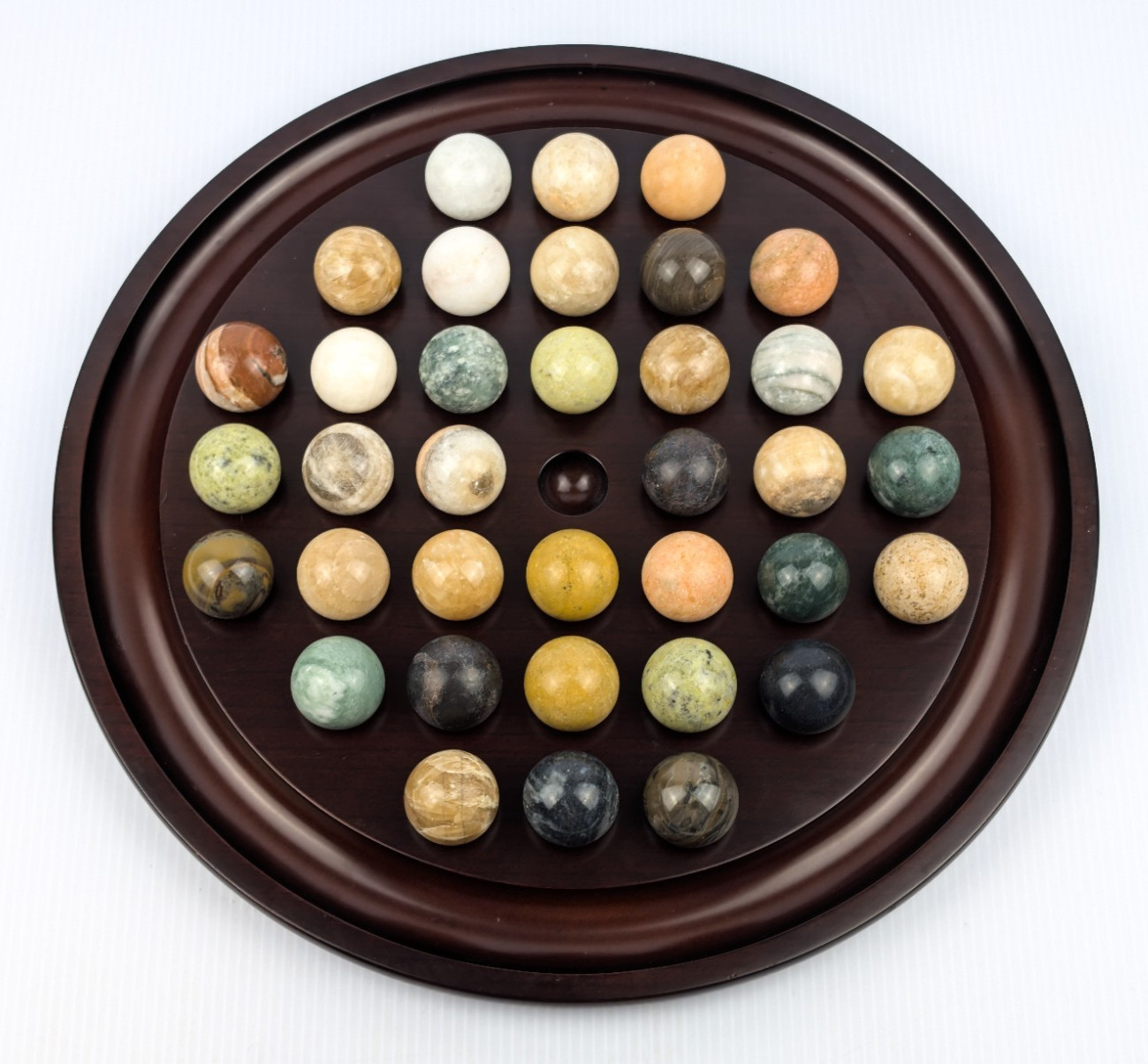 1994 Bombay Company 13.5” Marble Solitaire Wooden Game Board 36 Stone Marbles