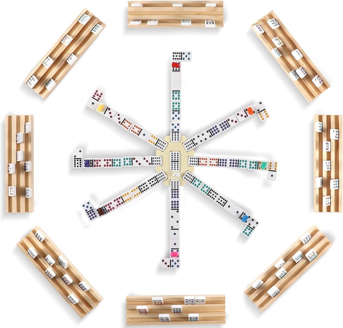 Mexican Train Dominoes Set, 8 Wooden Trays, Double 12 Dominos Travel 91 Tiles.