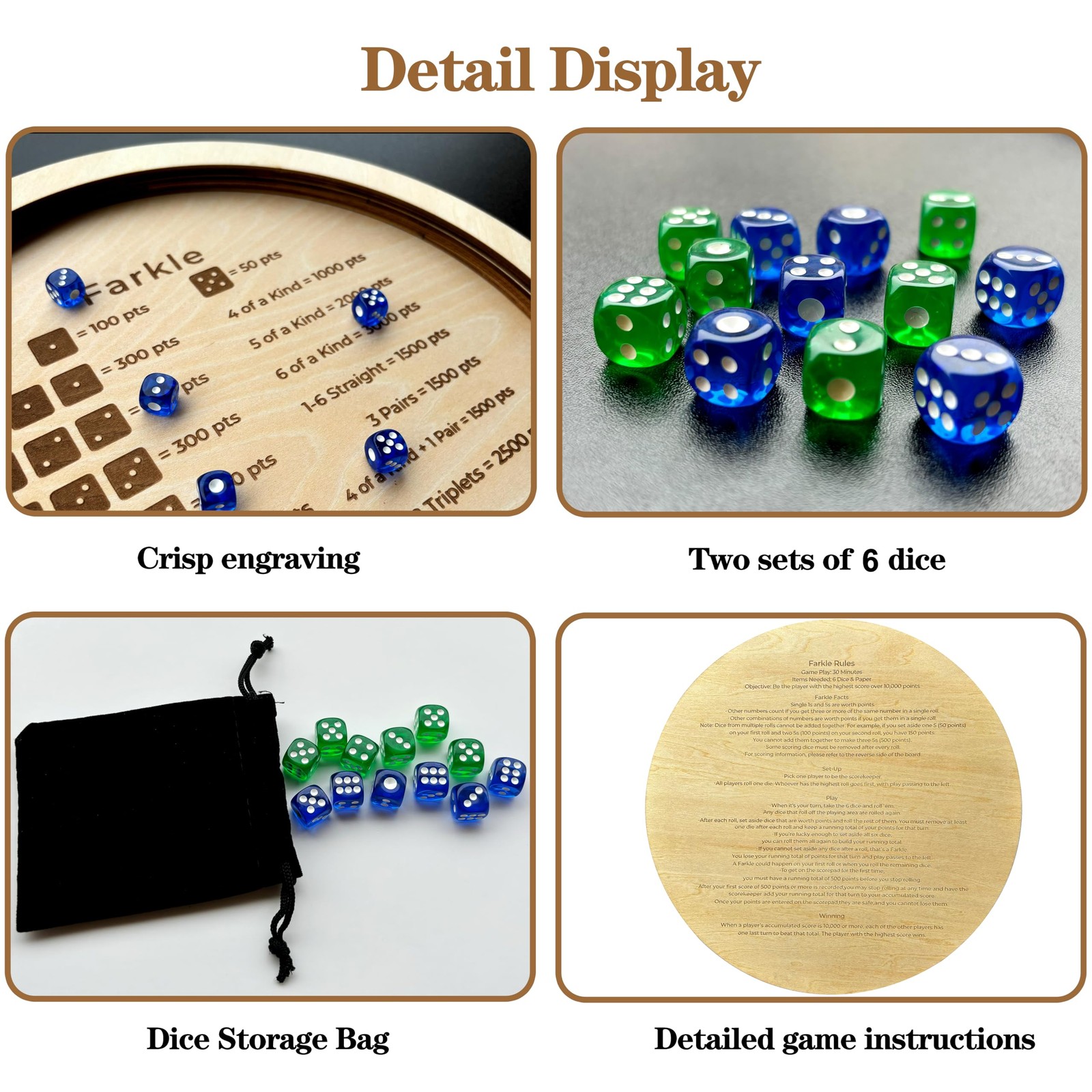 Farkle Dice Tray, Farkle Dice Game with Tray and 2 Sets of 6 Dice, 12″ Wooden…