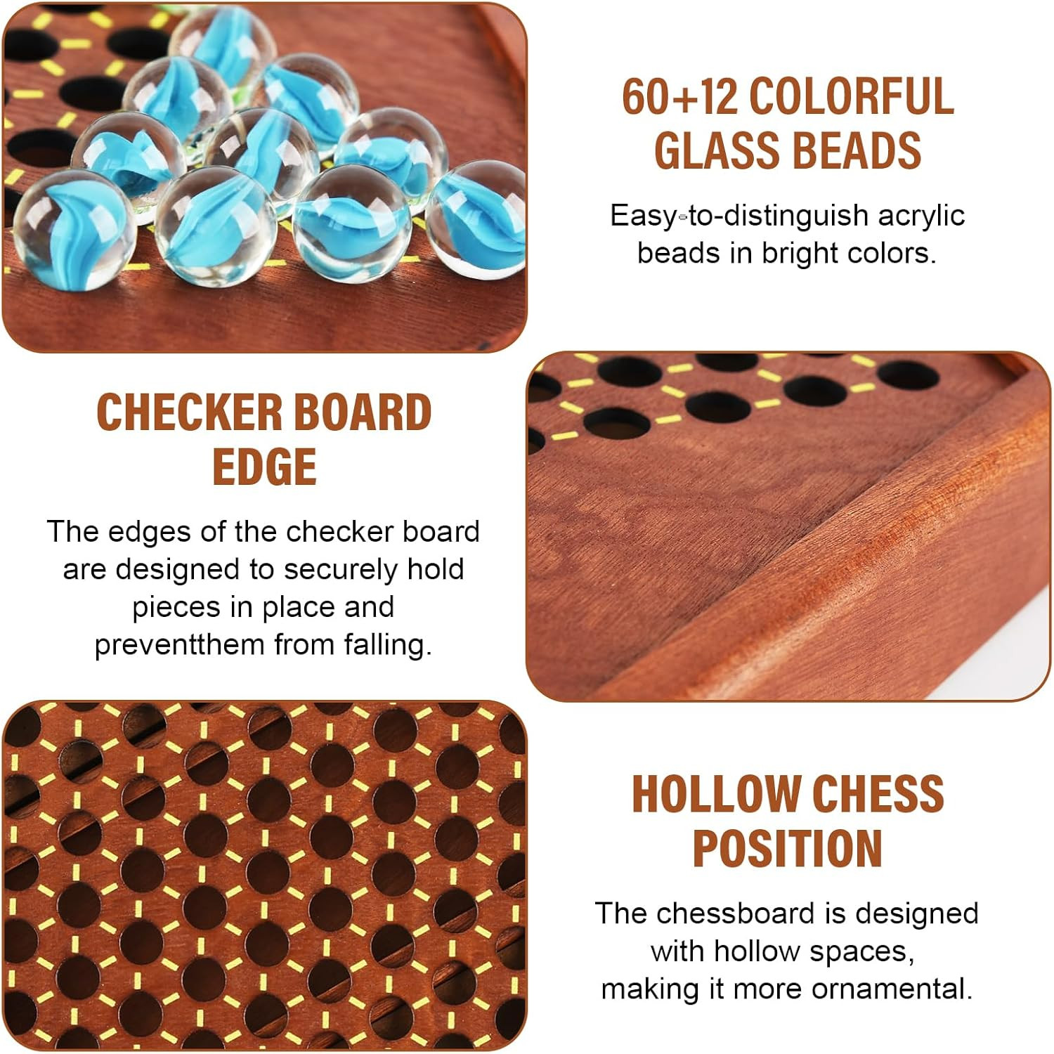 12.7 Inches Wooden Chinese Checkers Set with Storage Drawer -60 Glass Marbles in