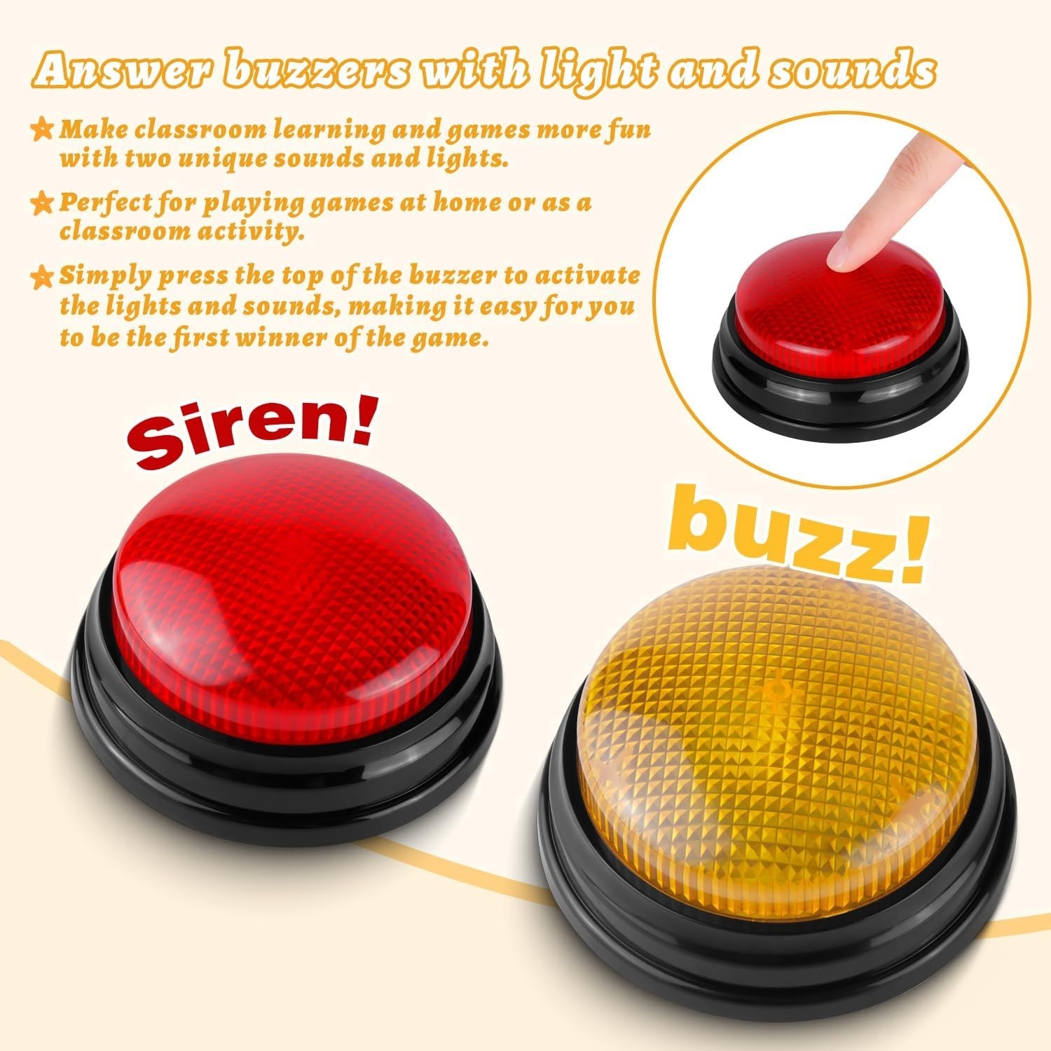 Pack Game Buzzers, 4-LEDs, Unique Sounds, Trivia Buzzer System