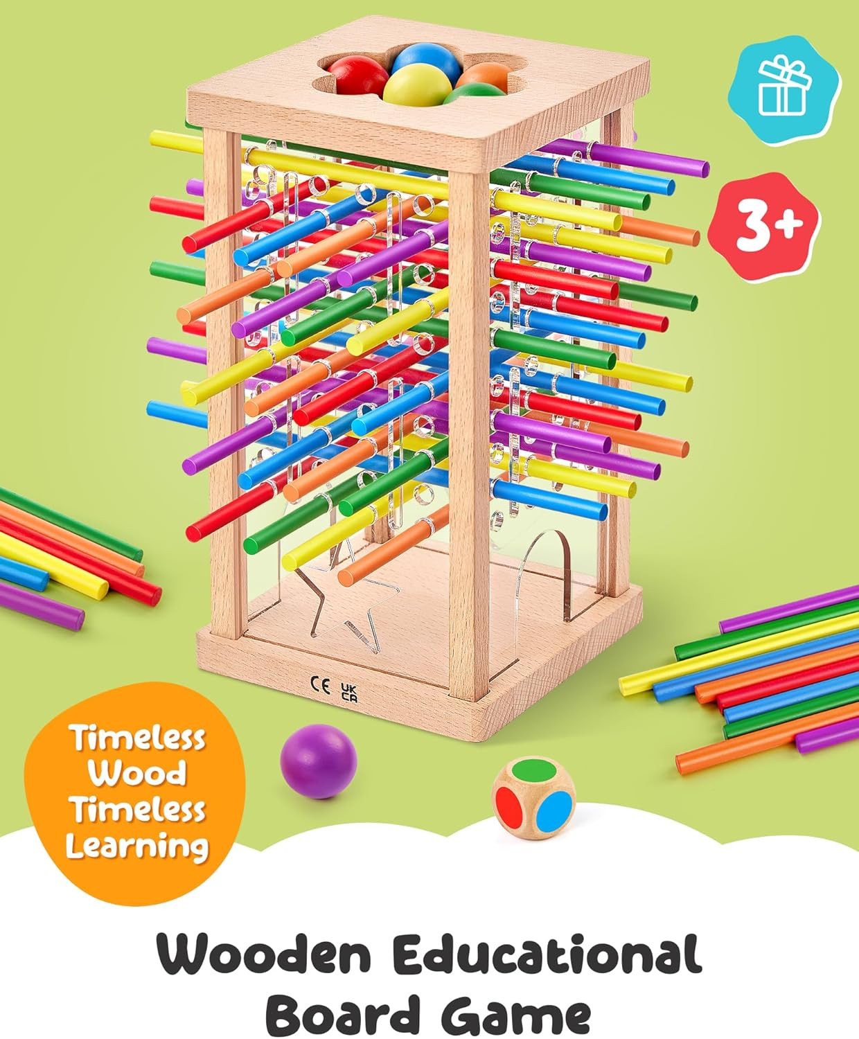 Montessori Wooden Board Game with 42 Colorful Sticks for Kids Ages 3-6