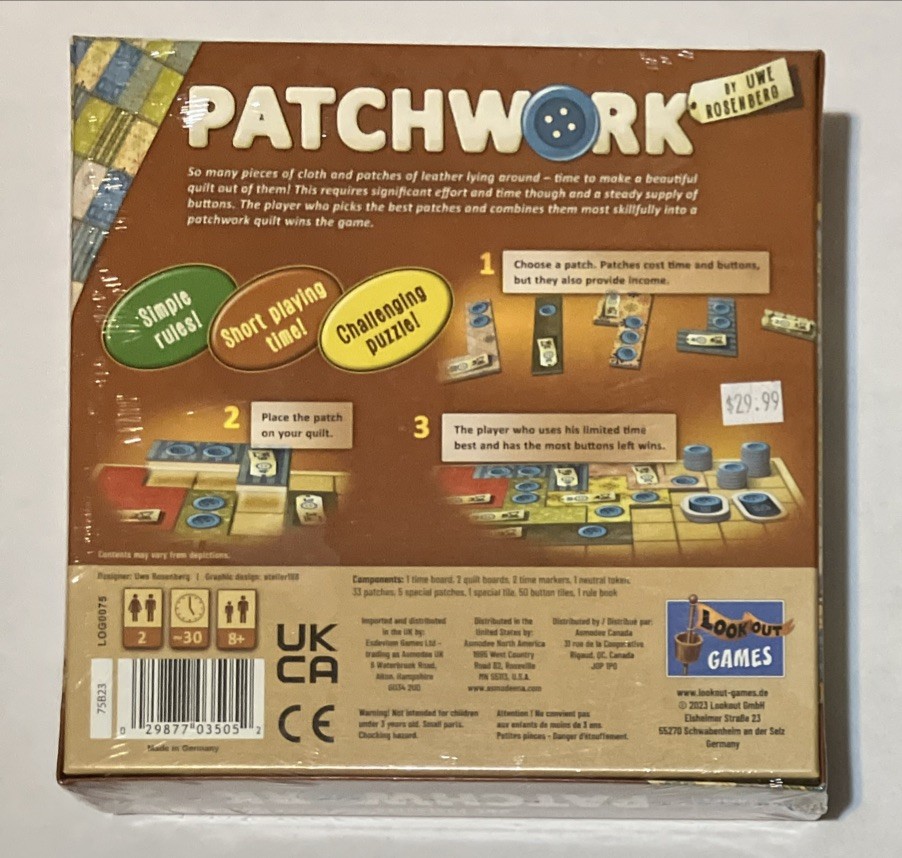 Patchwork Board Game by Uwe Rosenberg Lookout Games for 2 Player New SEALED