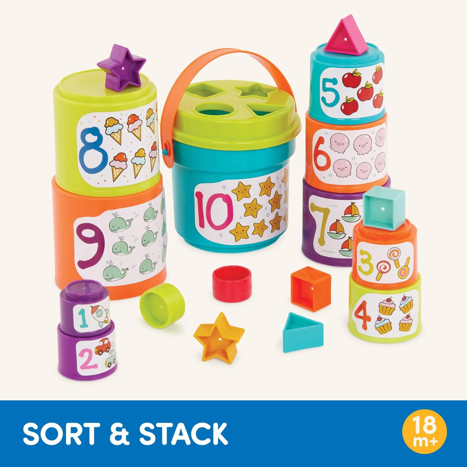 Nesting Sorter Set 19 Pieces Stacking Buckets Shapes Educational Battat Cups