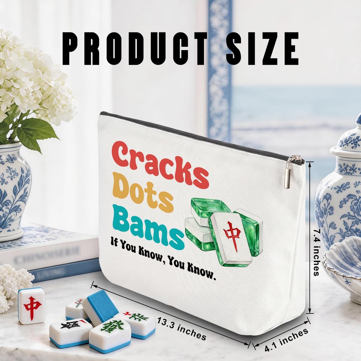 Blue Leaves Cracks Dots Bams Empty Mahjong Tile Bag and Makeup Bag Organizer …