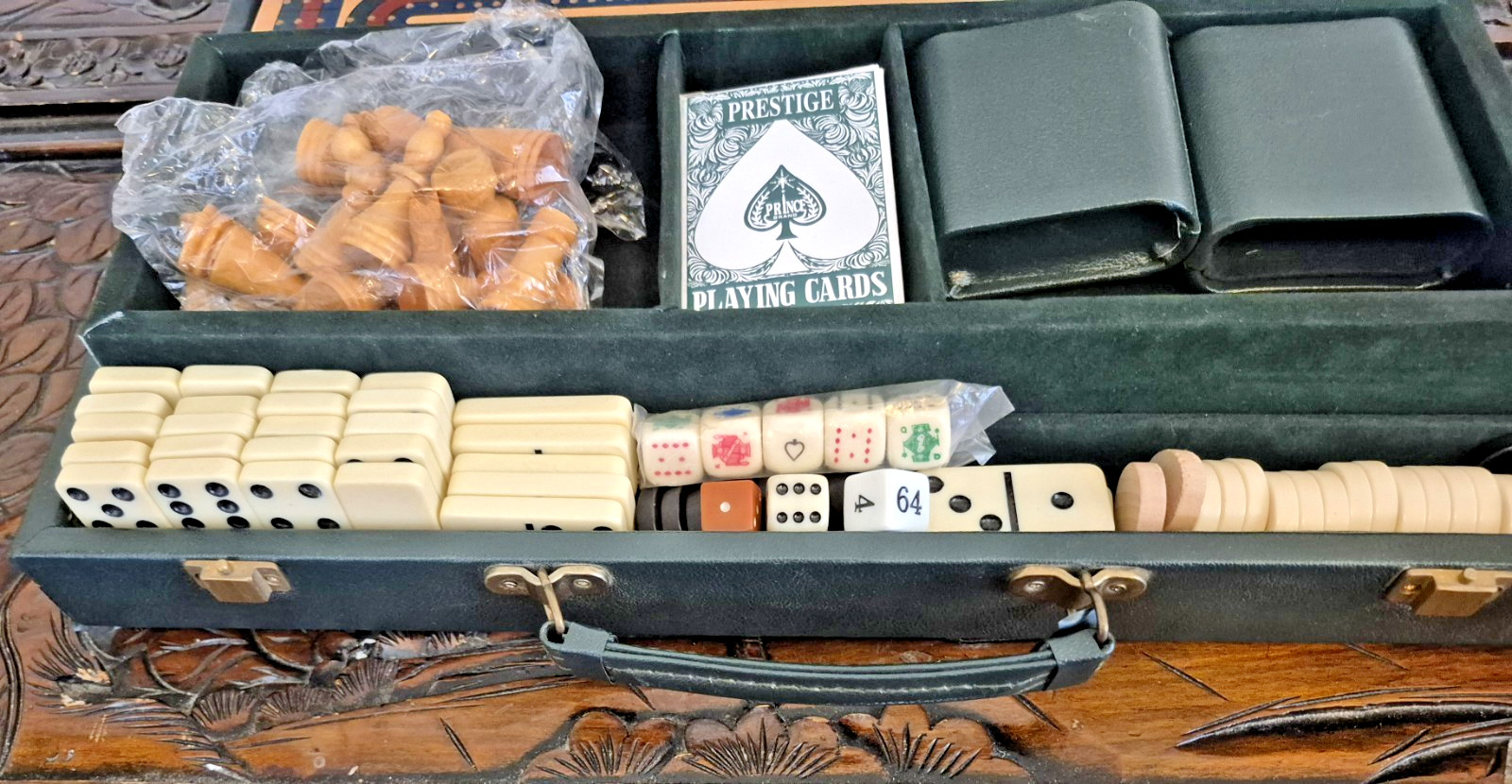 Deluxe Genuine Green Leather Case Backgammon Chips Chess Set Cribbage Poker Rare
