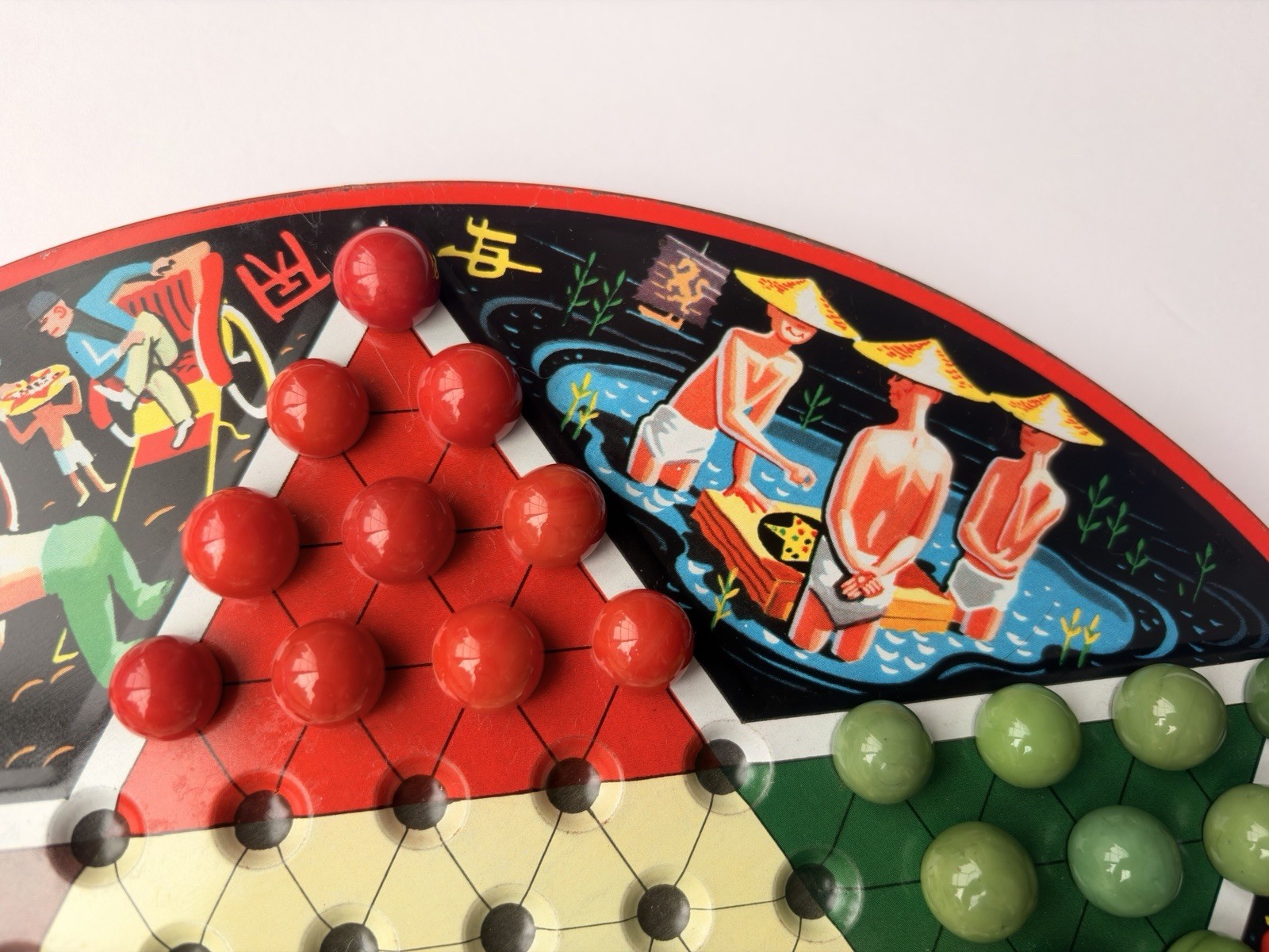 EARLY VTG STEVEN MFG. PIXIE GAME METAL CHINESE CHECKER BOARD TOP ONLY W/MARBLES