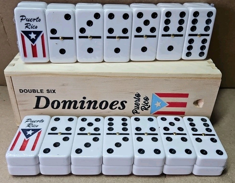 DOUBLE SIX BIG DOMINOES PUERTO RICO FLAG WITH WOODEN CASE DOBLE 6