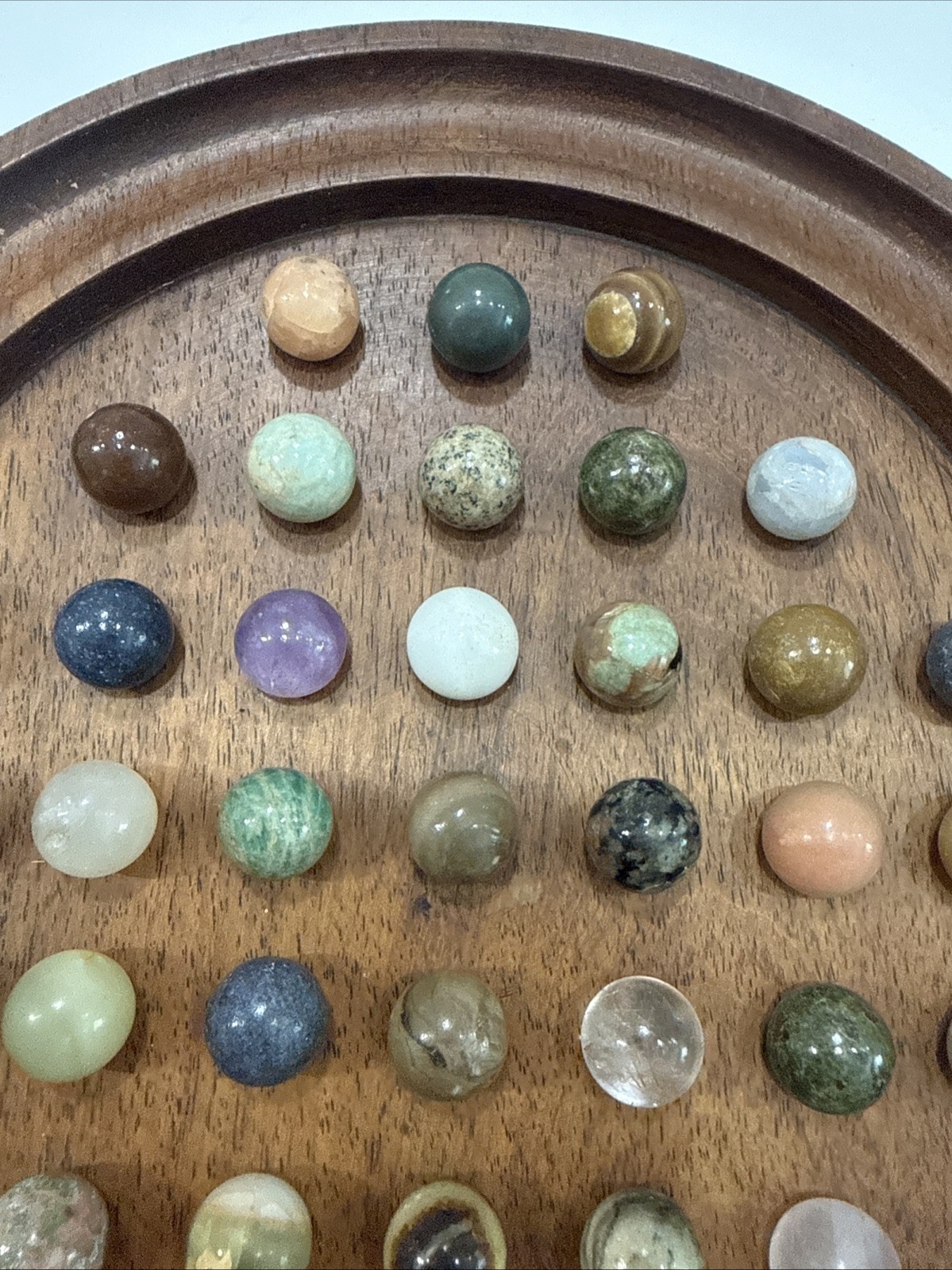Vintage Wooden Solitaire Game with 37 Semi-Precious Stone Marbles