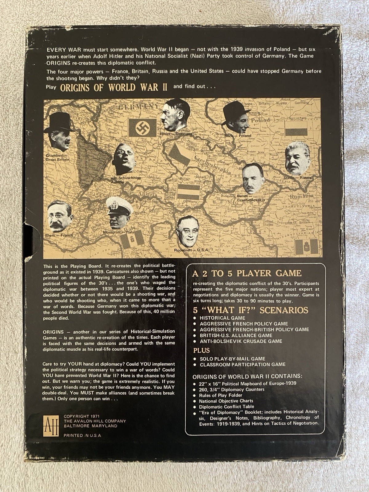 ORIGINS OF WORLD WAR II Board Game Avalon Hill Bookcase Vintage 1971 Unpunched