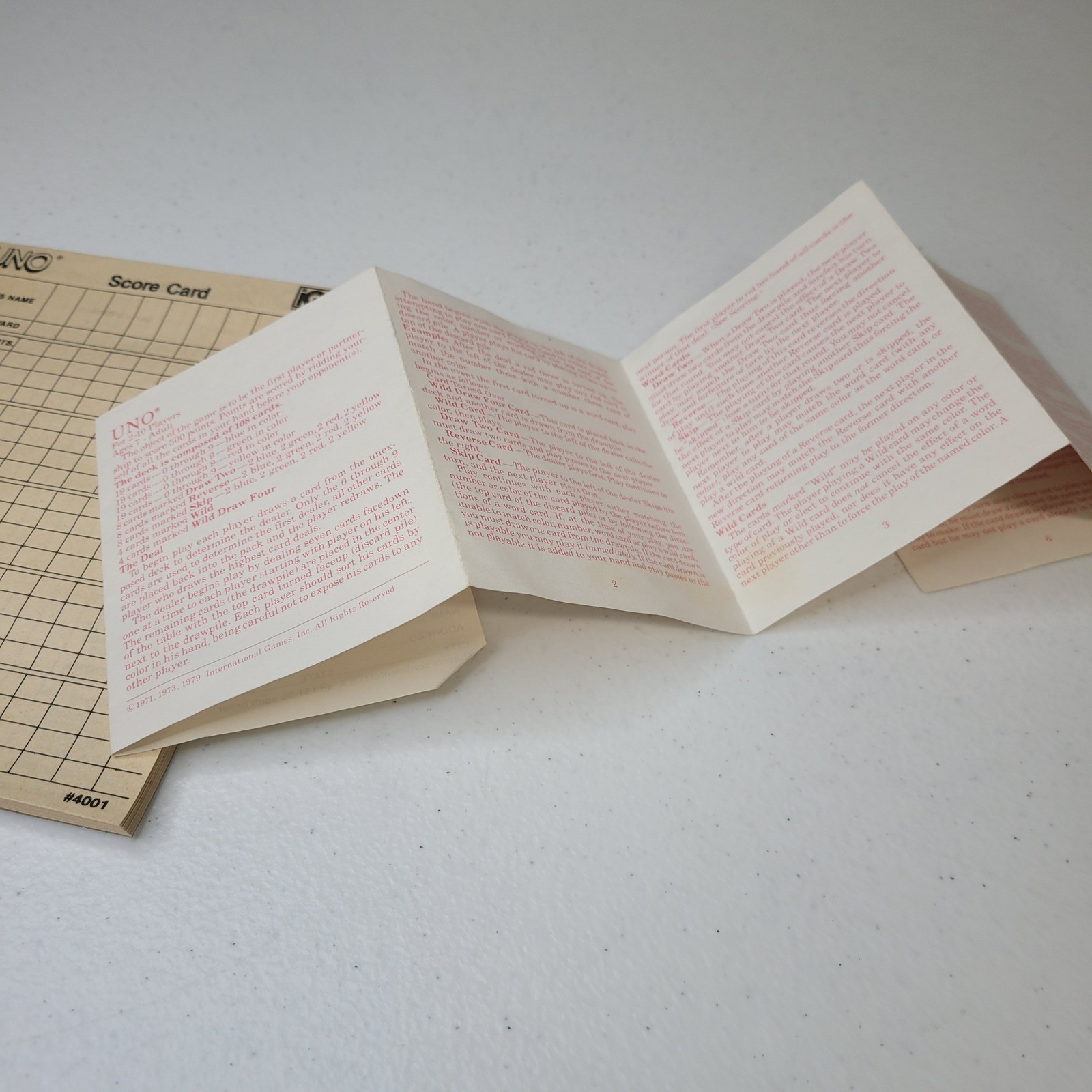 Vintage 1978 UNO Card Game Score Card Pad and 1979 Instructions Manual #4001