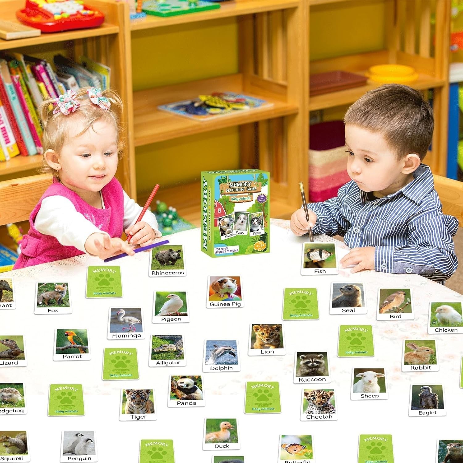 50 Pairs Memory Matching Game Animal Babies Concentration Memory Card Educati…