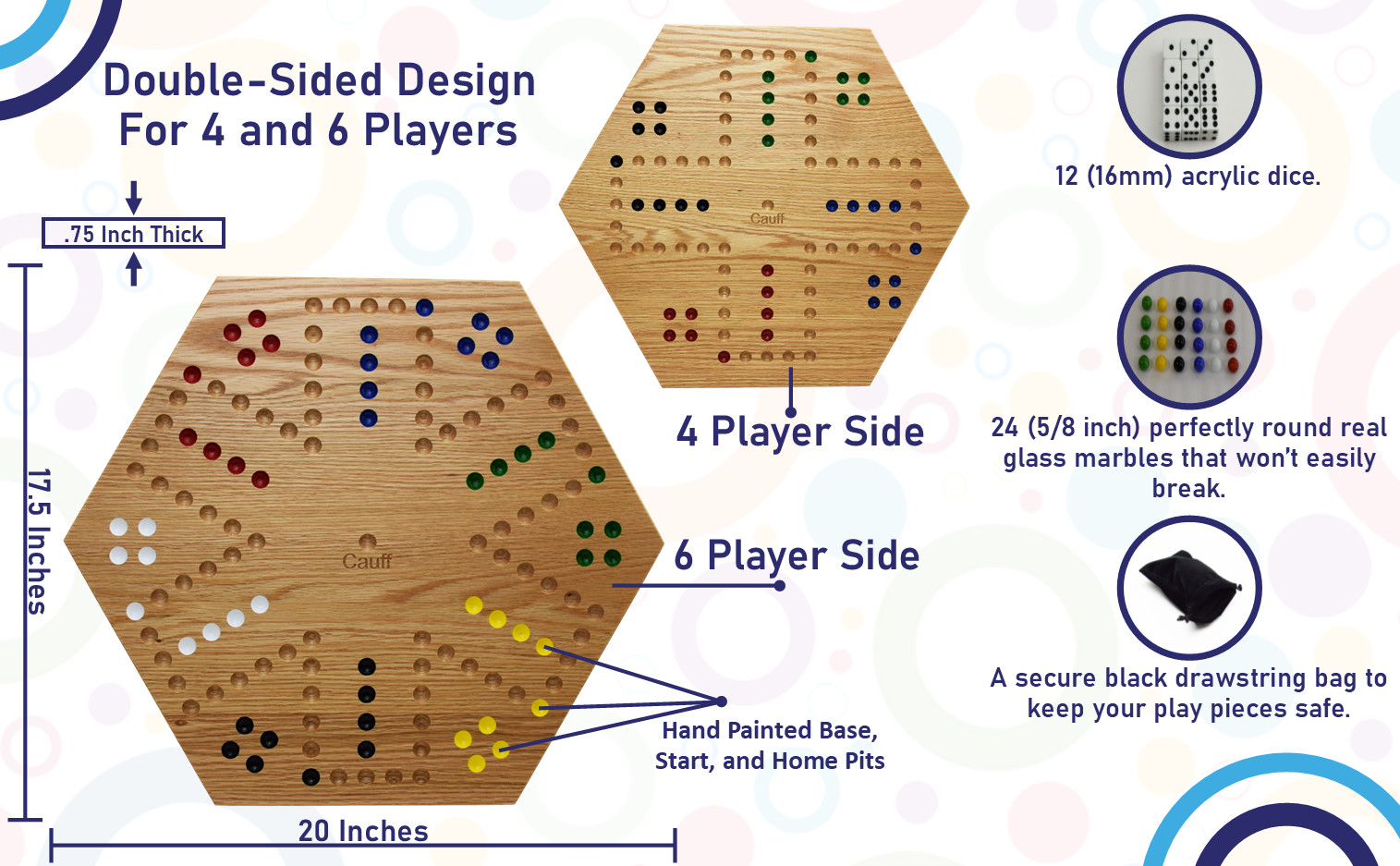Solid Oak Wood Double Sided Marbles Board Game Hand Painted 20 inch