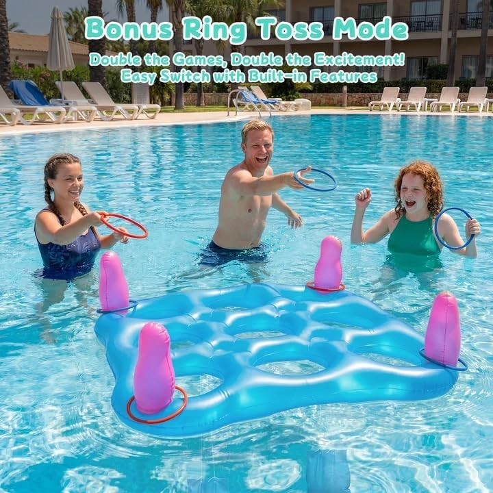 2-in-1 Premium Funny Inflatable Pool Game Modern Frosted Clear Tic-Tac-Toe & Rin