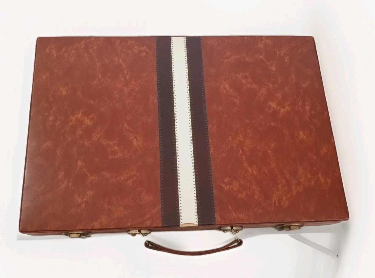 VTG 12″x 18″ Backgammon Set Brown Faux Leather Case Complete Some Chip Damage