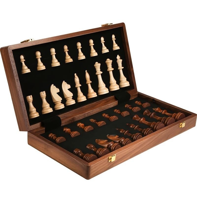 15” Walnut Chess Set with Storage Board for Adults & Children, 2 Players