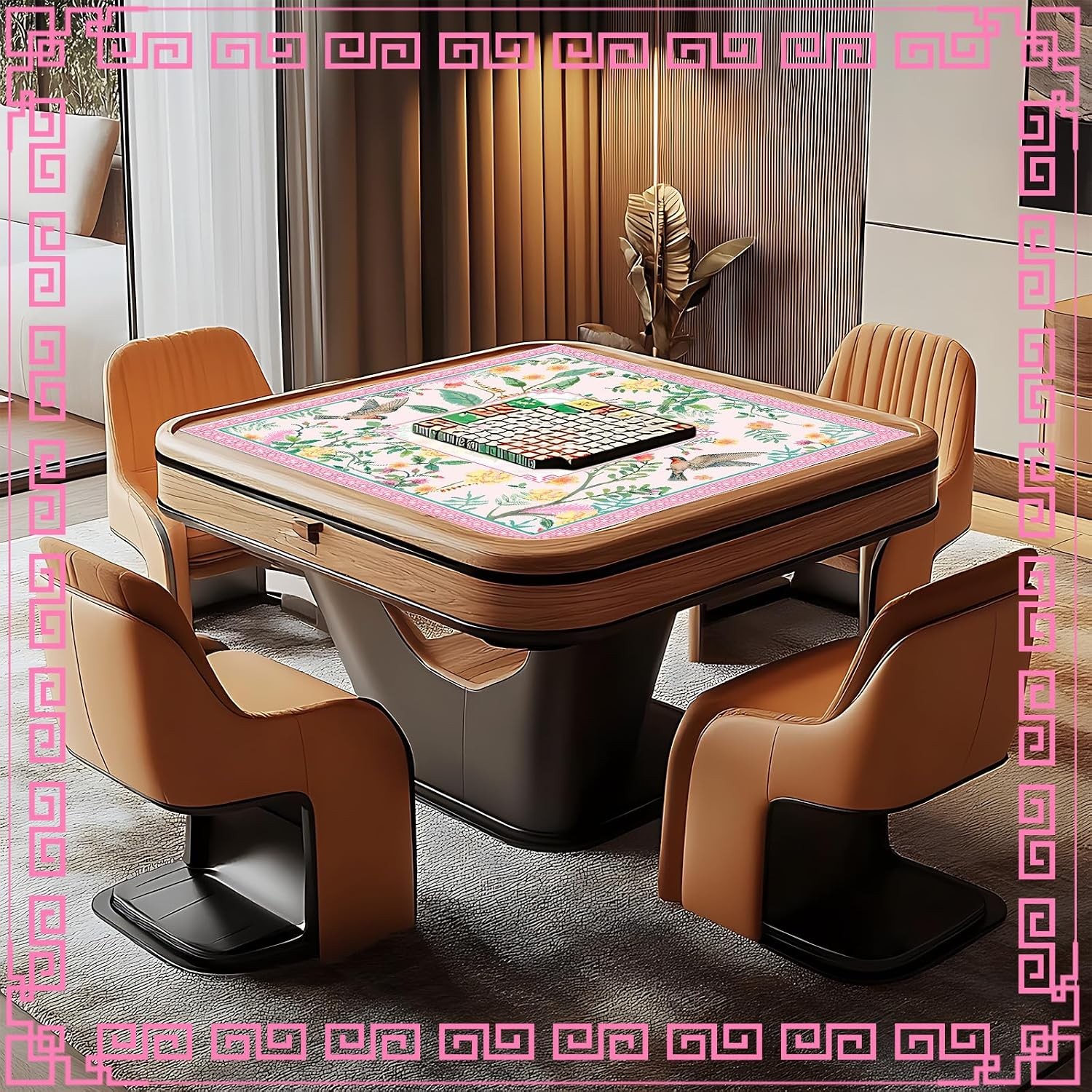 Pink Bird Floral Mahjong Mat W/ Carrying Bag 31.5″ x 31.5″ Table Mat