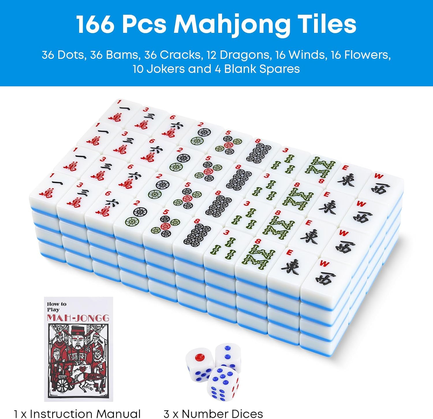 American Mahjong Tile Set, 166 Pcs 1.2″ Mahjong Tiles with 3 Dices 1 Instruction