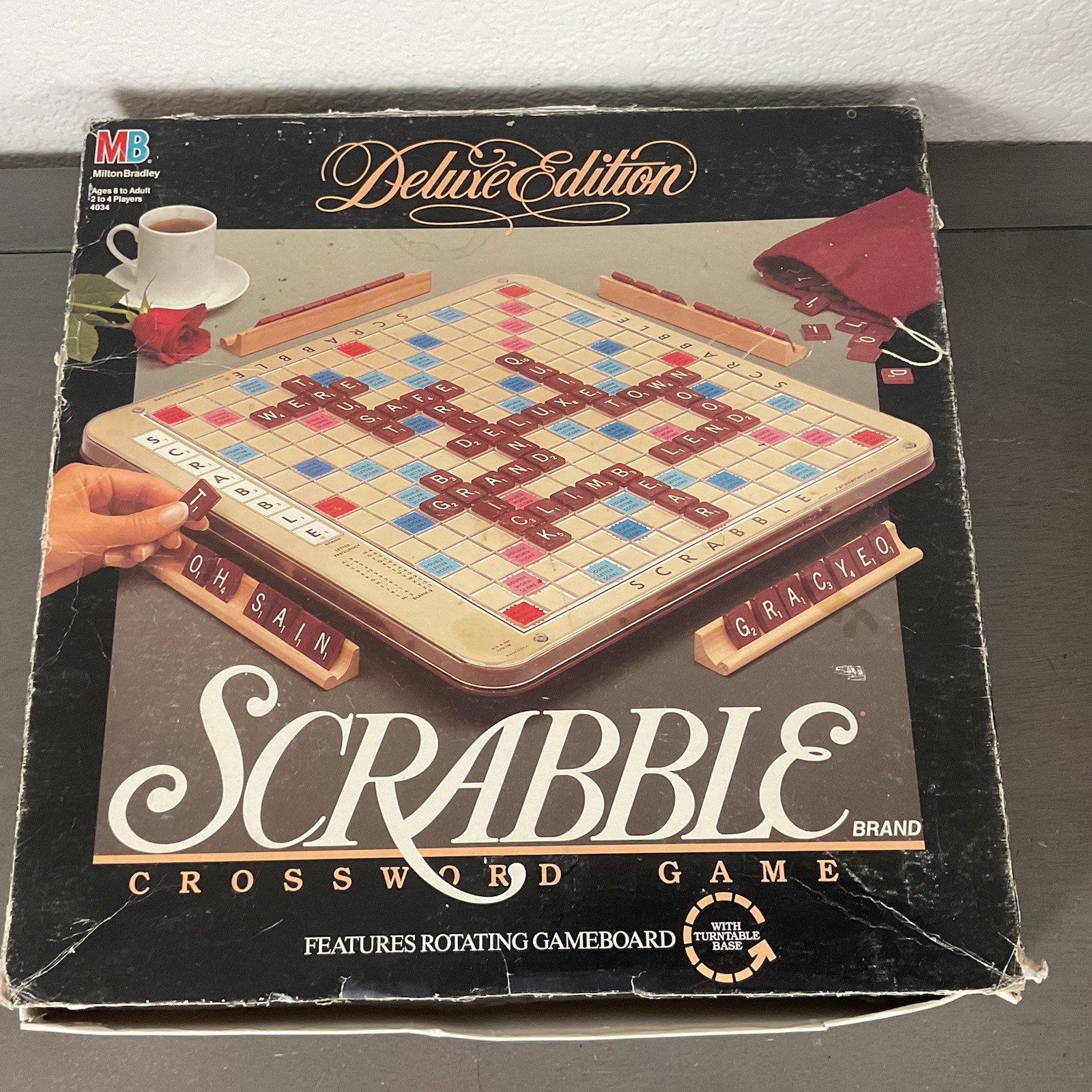 VTG Scrabble Deluxe Edition Rotating Turntable Wood Tiles 1989 MB Incomplete