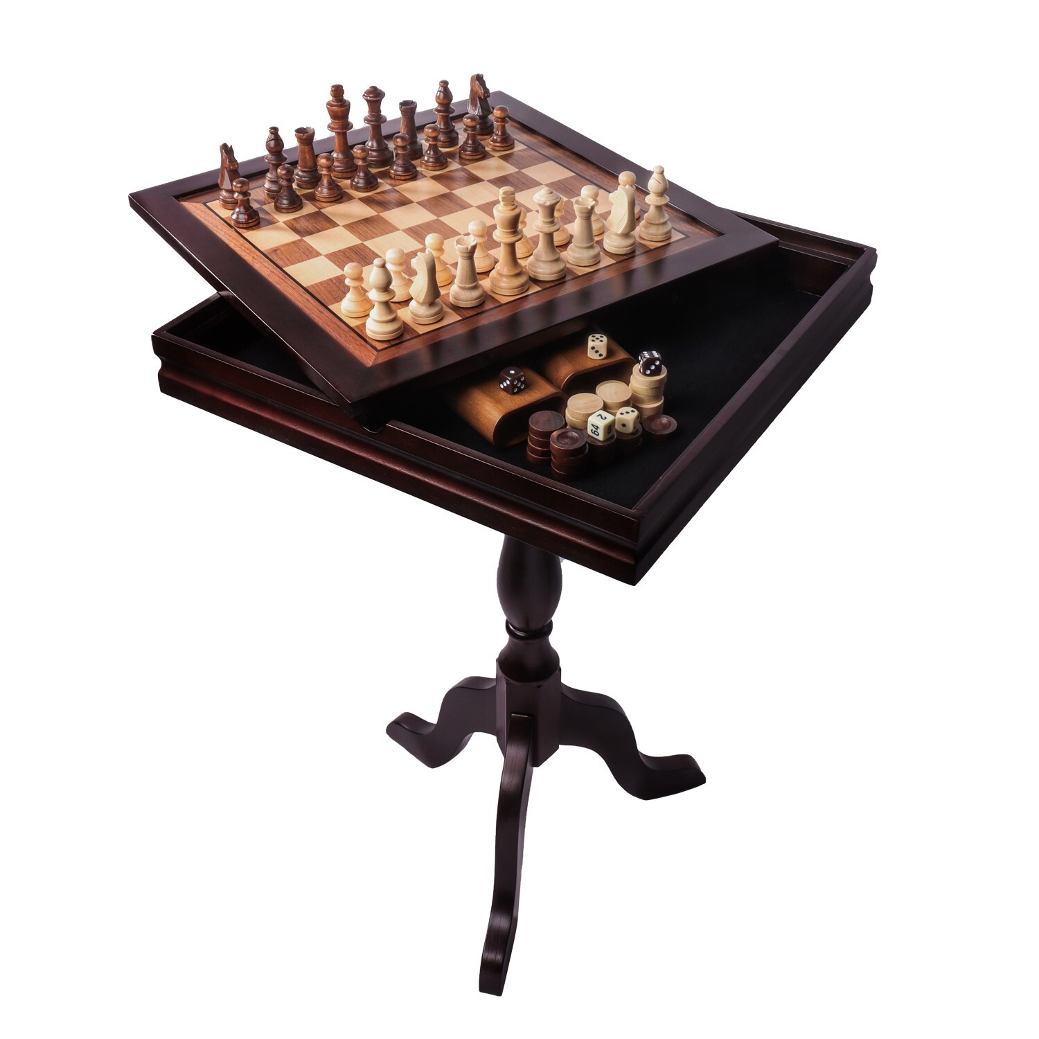 3-in-1 Mahogany Chess/Checkers/Backgammon Table with Chess/Checkers Game Pieces