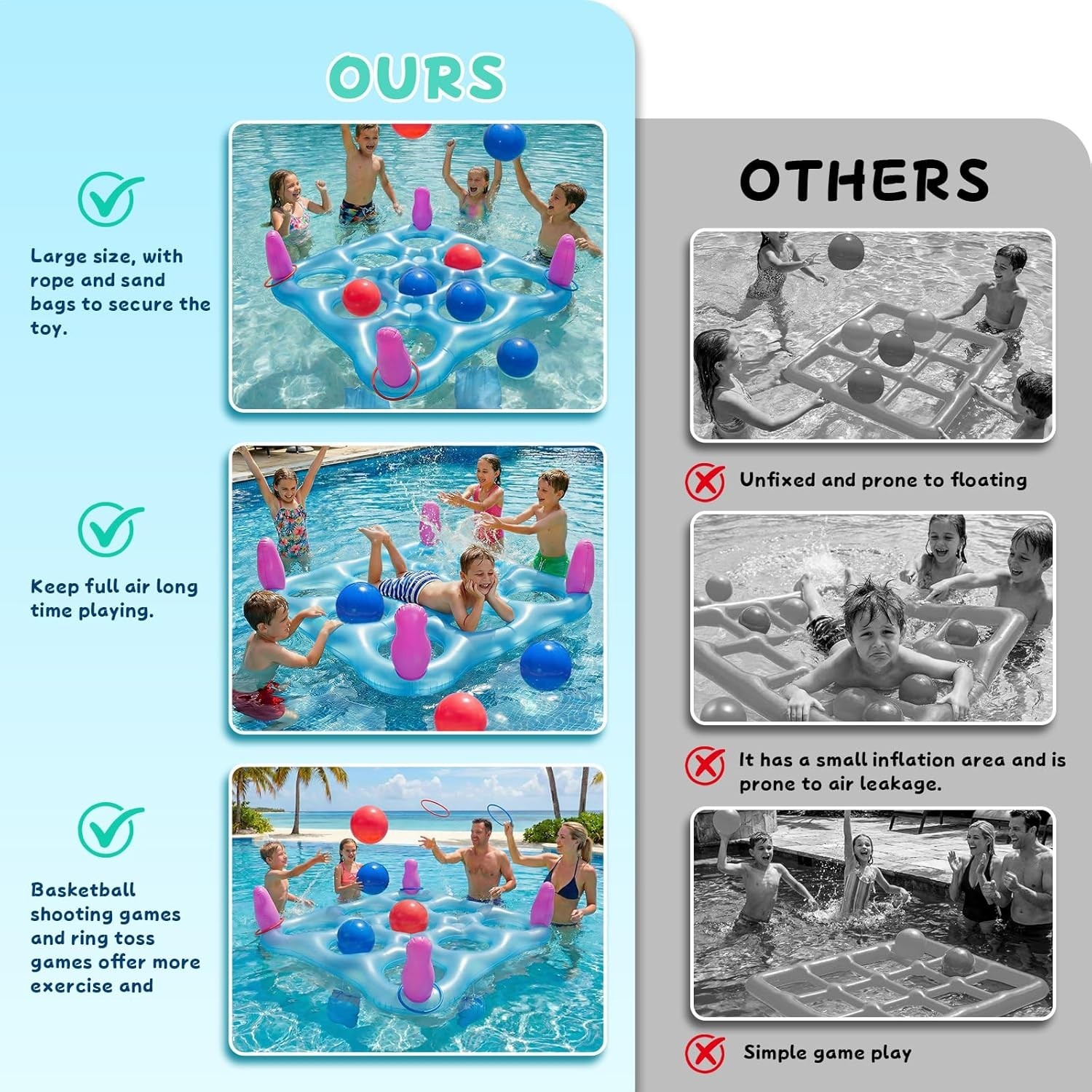 2-in-1 Premium Funny Inflatable Pool Game Modern Frosted Clear Tic-Tac-Toe & Rin