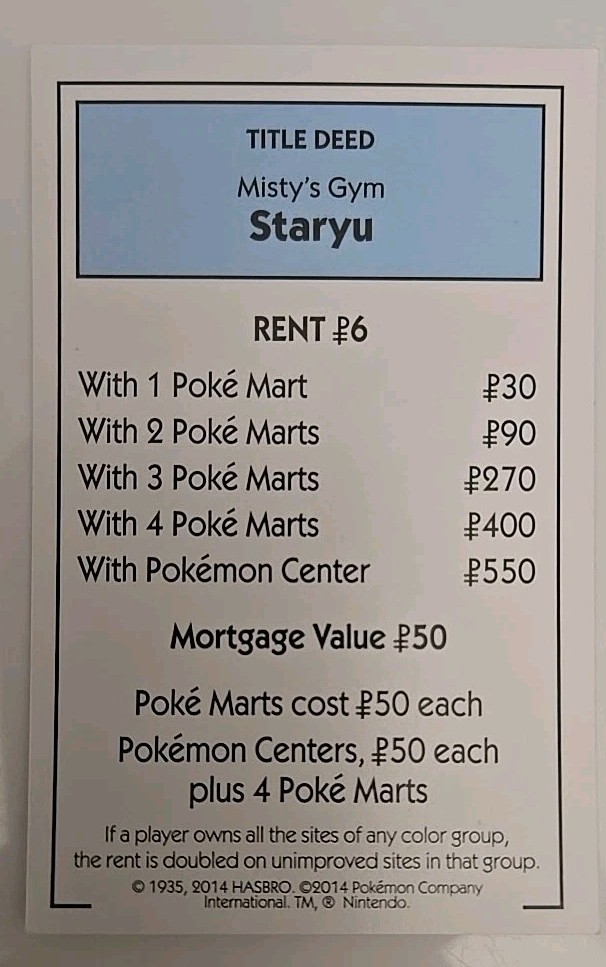 2014 Monopoly Pokémon Misty’s Gym Staryu Light Blue Title Deed Card Game Piece