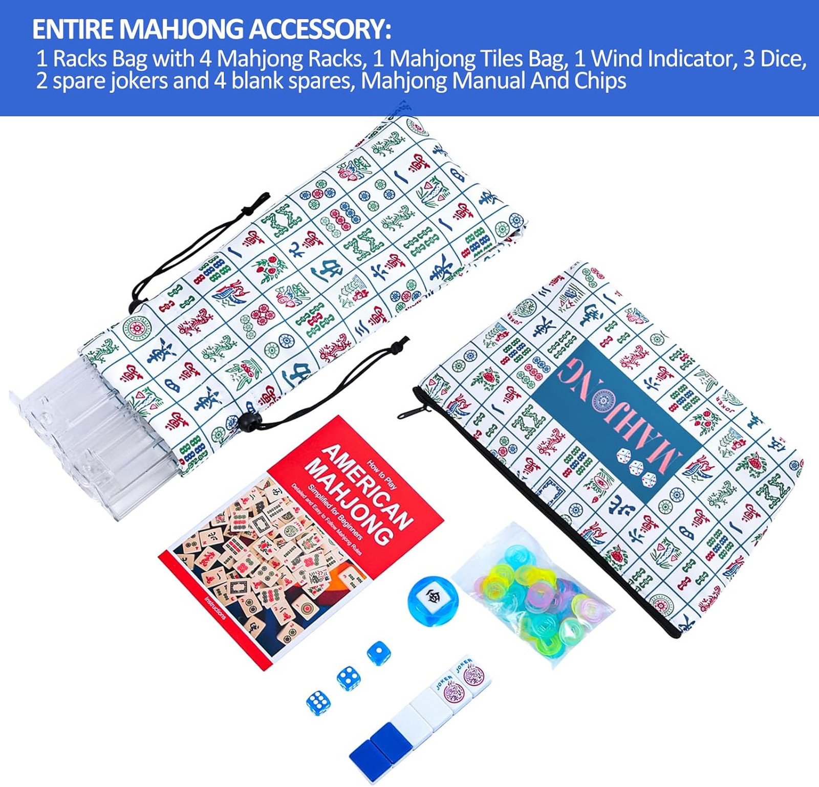 American Mahjong Set: 166 Dark Blue Tiles, 4 Clear Racks with Pushers, Mahjong