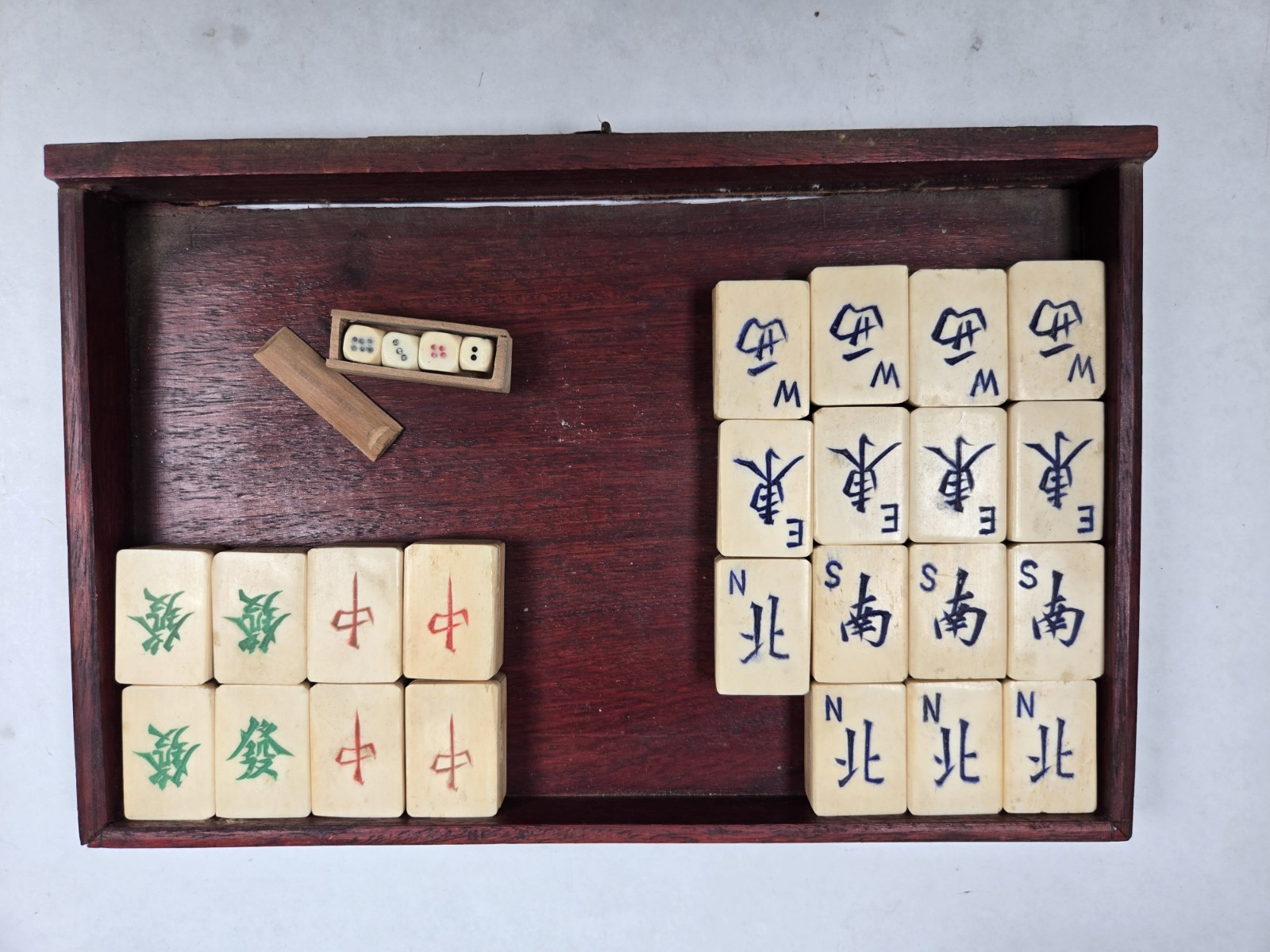 Mahjong Hand Carved Tiles in Original wood trays c.1920 Bamboo Bone 210 tiles +