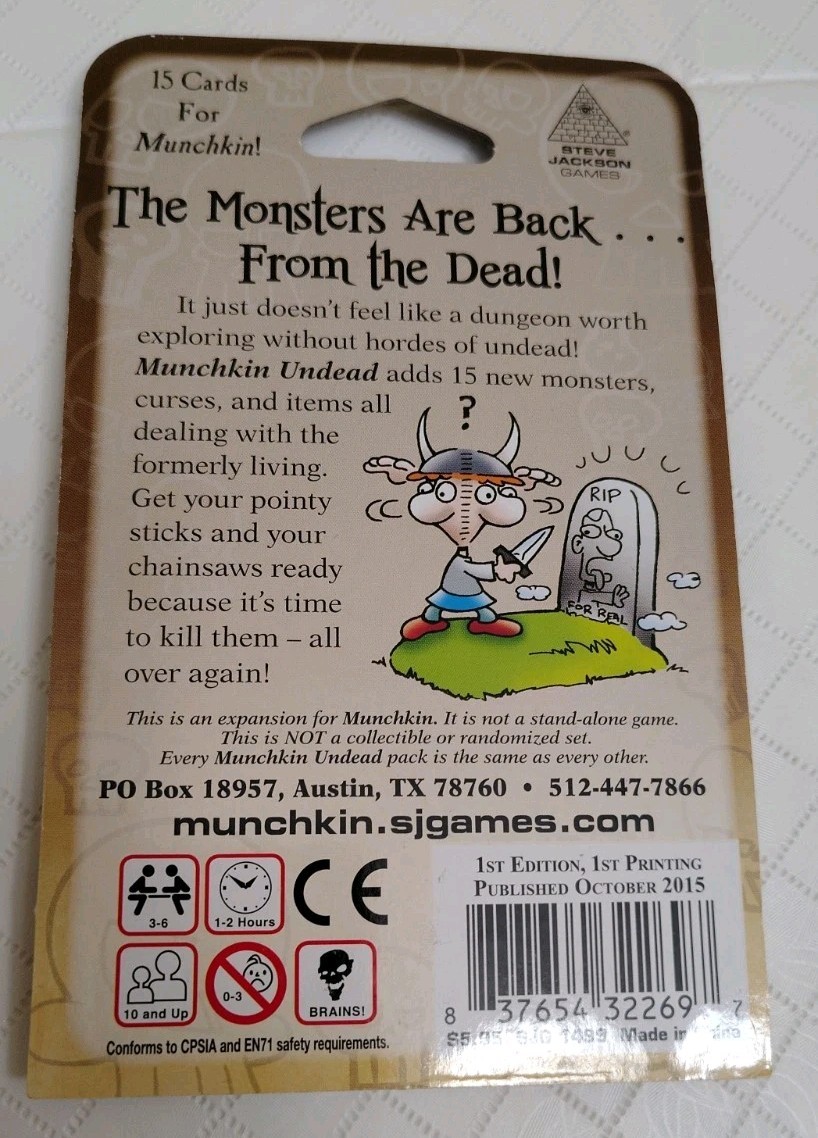 MUNCHKIN UNDEAD Expansion Pack Steve Jackson Games 15 Card Pack 1st Edition 1499