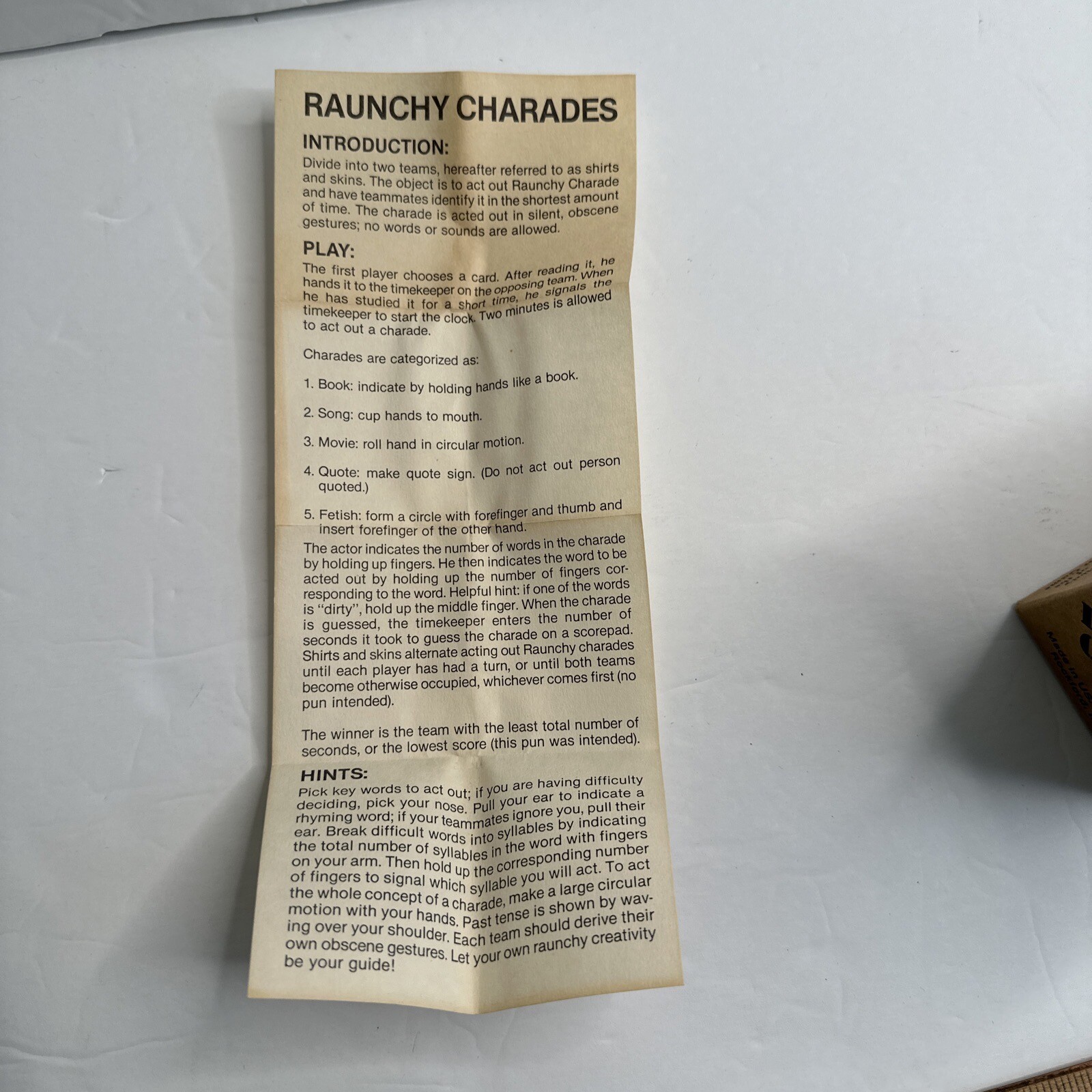 Raunchy Mature Charades Adults 18+ Party Game Vintage 1985