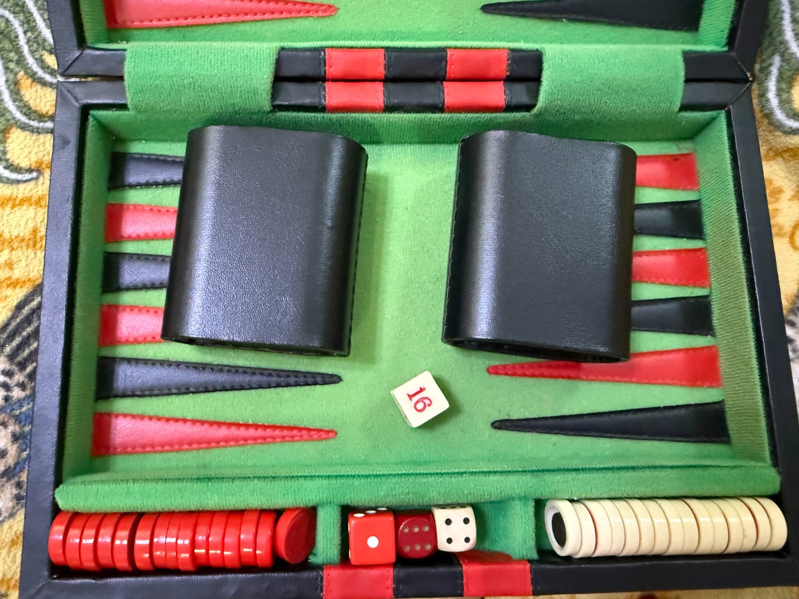 Reiss Vintage Travel Backgammon Board Game Black Red Green Leather Case
