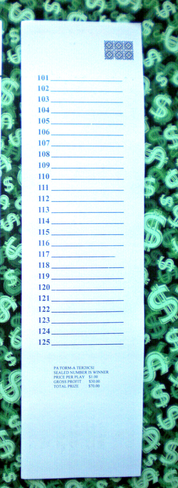 ( 4 Lot ) 100 TER-20 REGULAR “NOT Sure” TIP BOARD {101-125} Pull Tab Jar Tickets