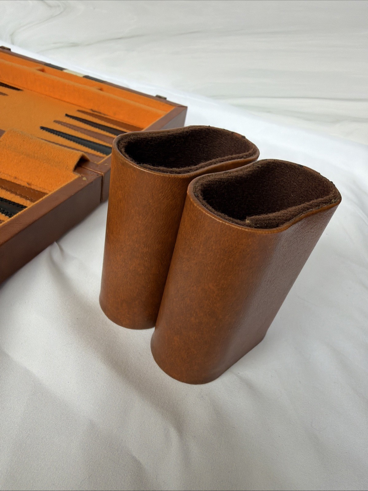 Vintage Backgammon Set Faux Leather Carrying Case Brown Striped Travel Board