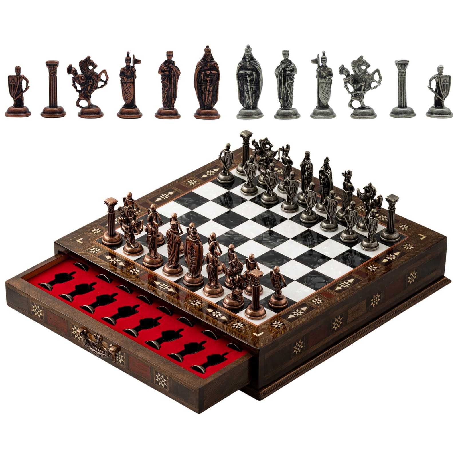 Wooden Chess Set 15 Inch Handmade British Army Metal Pieces Black Luxury Storage