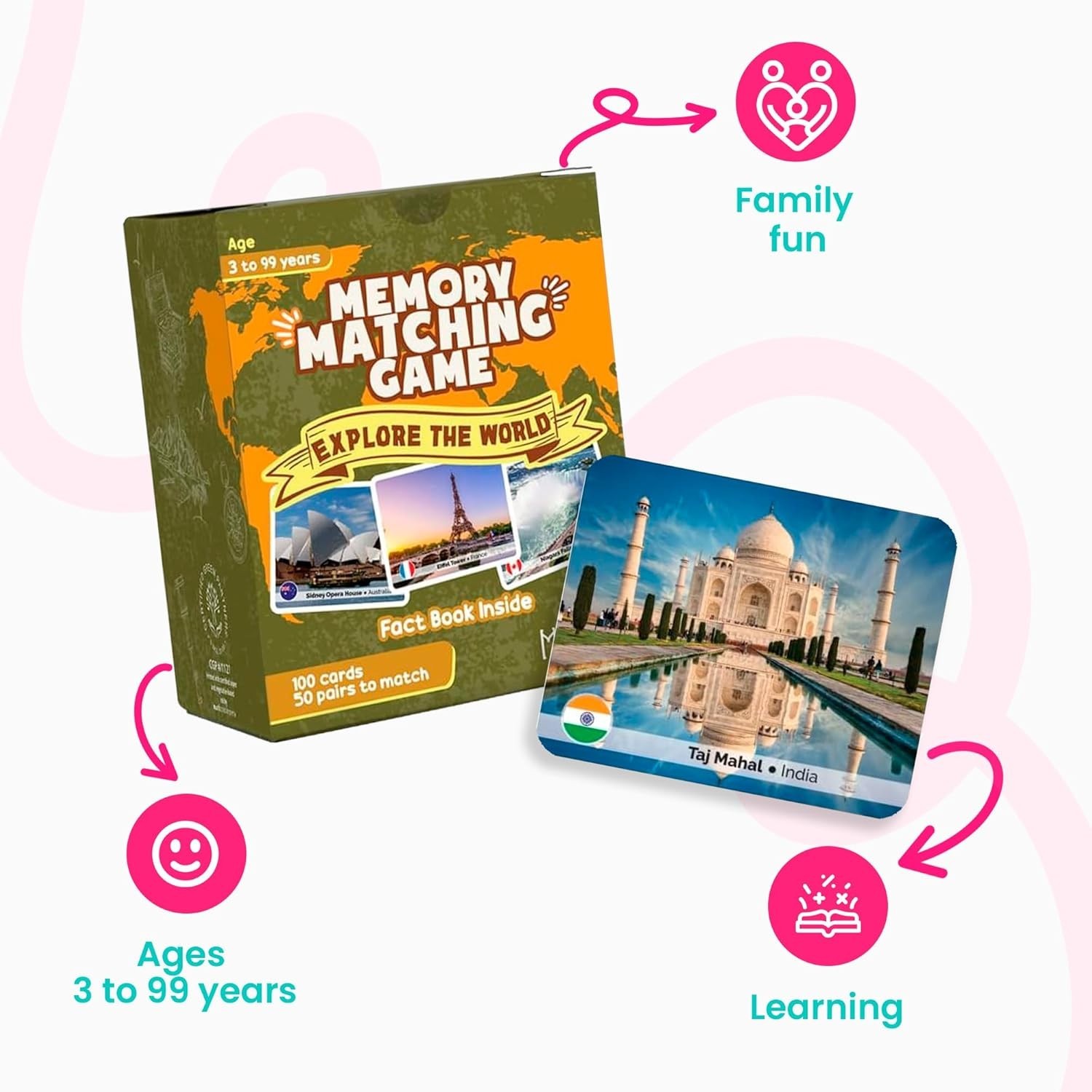 Explore the World Memory Matching Game – 100 Cards 50 Pairs with Famous Landm…