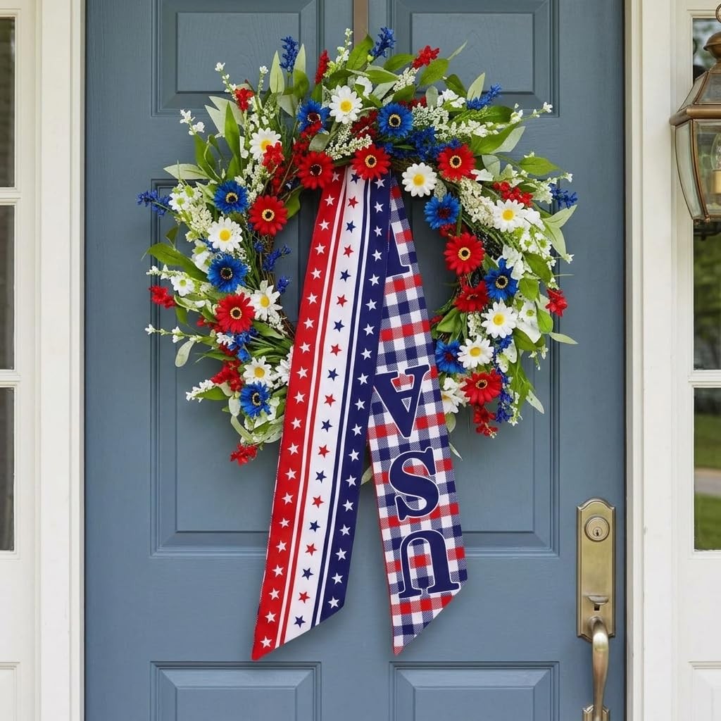 Red White Blue Patriotic Sash for Front Door Wreath 4th of July Decor Stripe