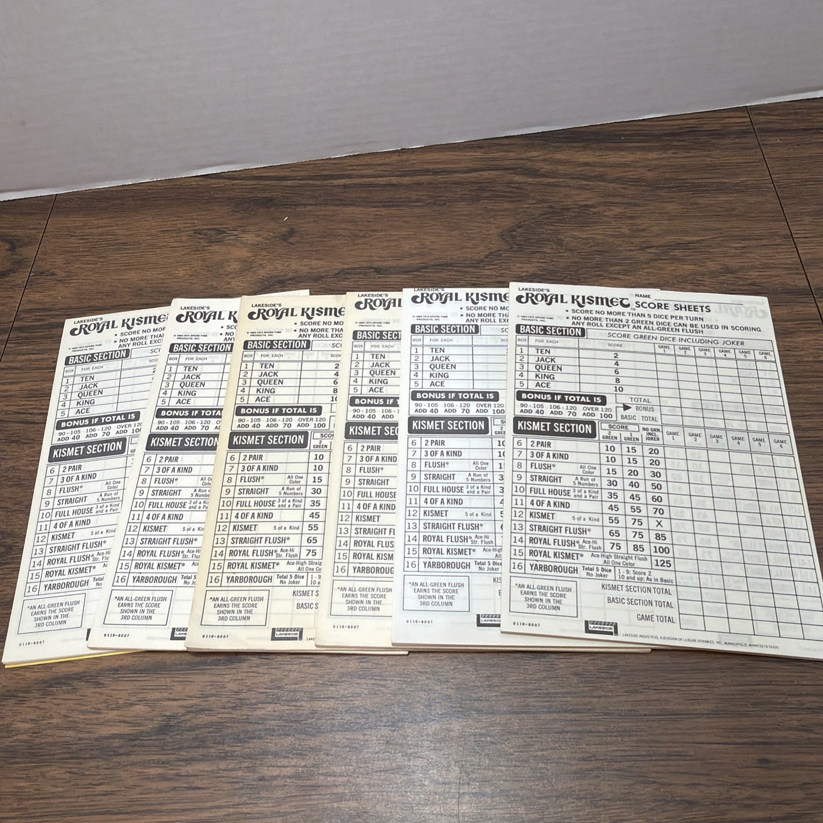 1974 Royal Kismet Poker Dice Game Lakeside – 6 Replacement Score Sheet Pads Only
