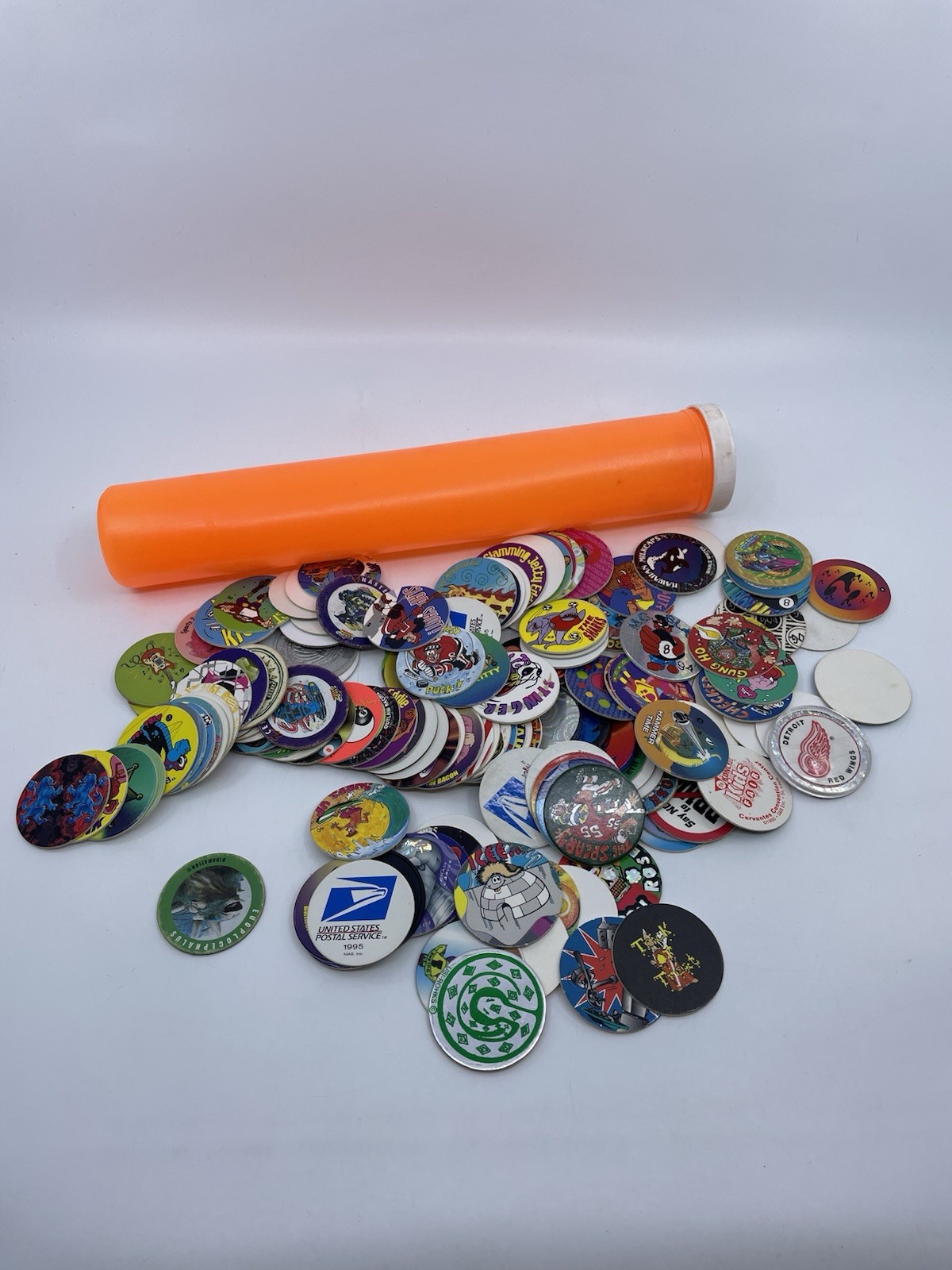 VTG Pogs Milkcaps Lot 149 90s 8-Ball Slammer Game Pieces W/ Pog Container