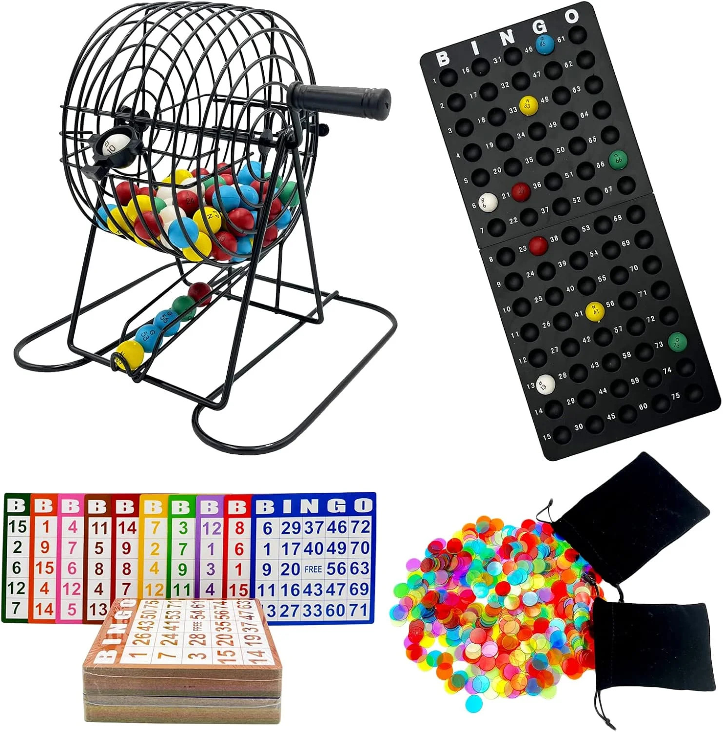 JUNWRROW Deluxe Bingo Game Set-Includes Bingo Cage,600 Colorful Plastic Chips wi
