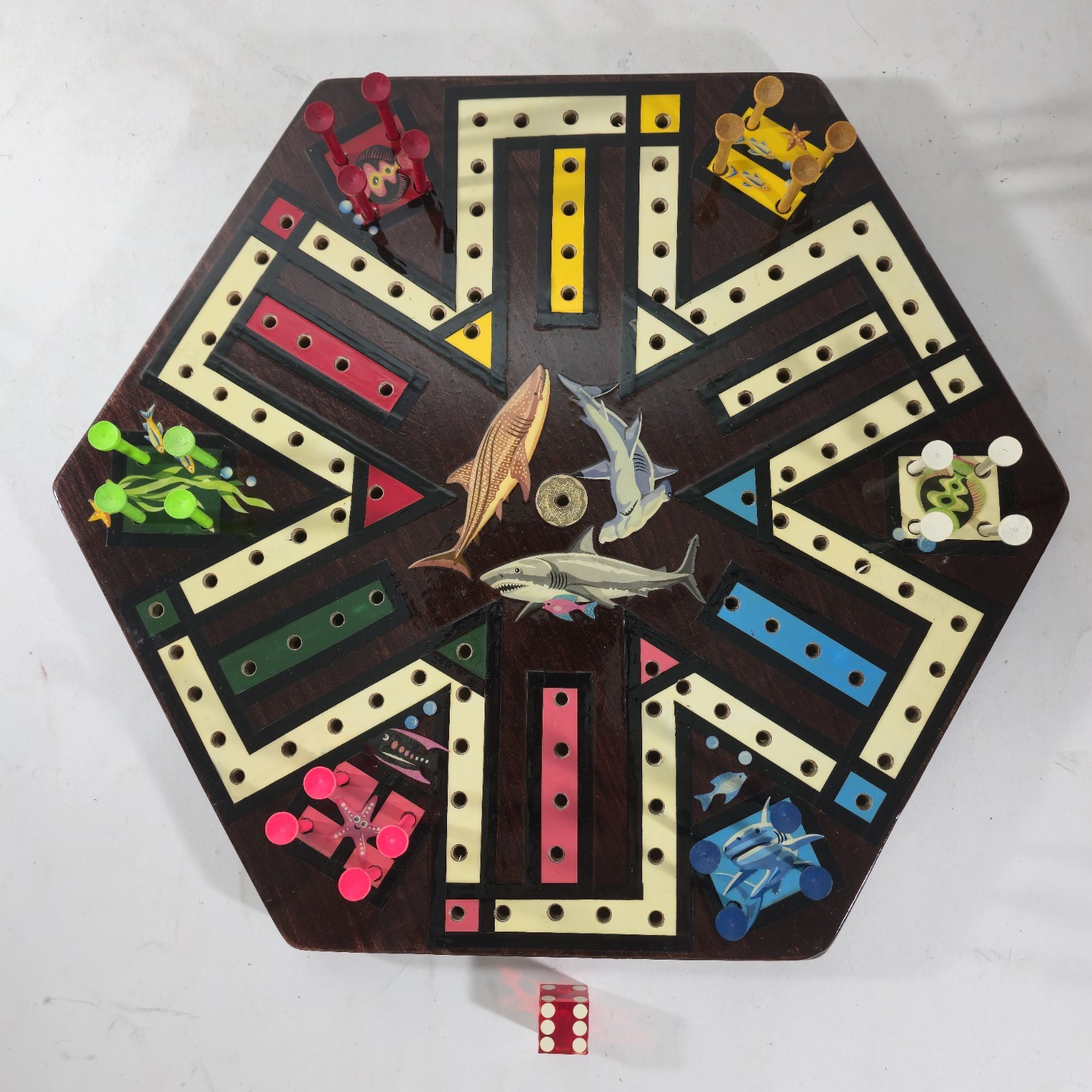Hand Crafted 14″ Wooden Shark & Fish Aquatic Aggravation Tee Peg Game Board