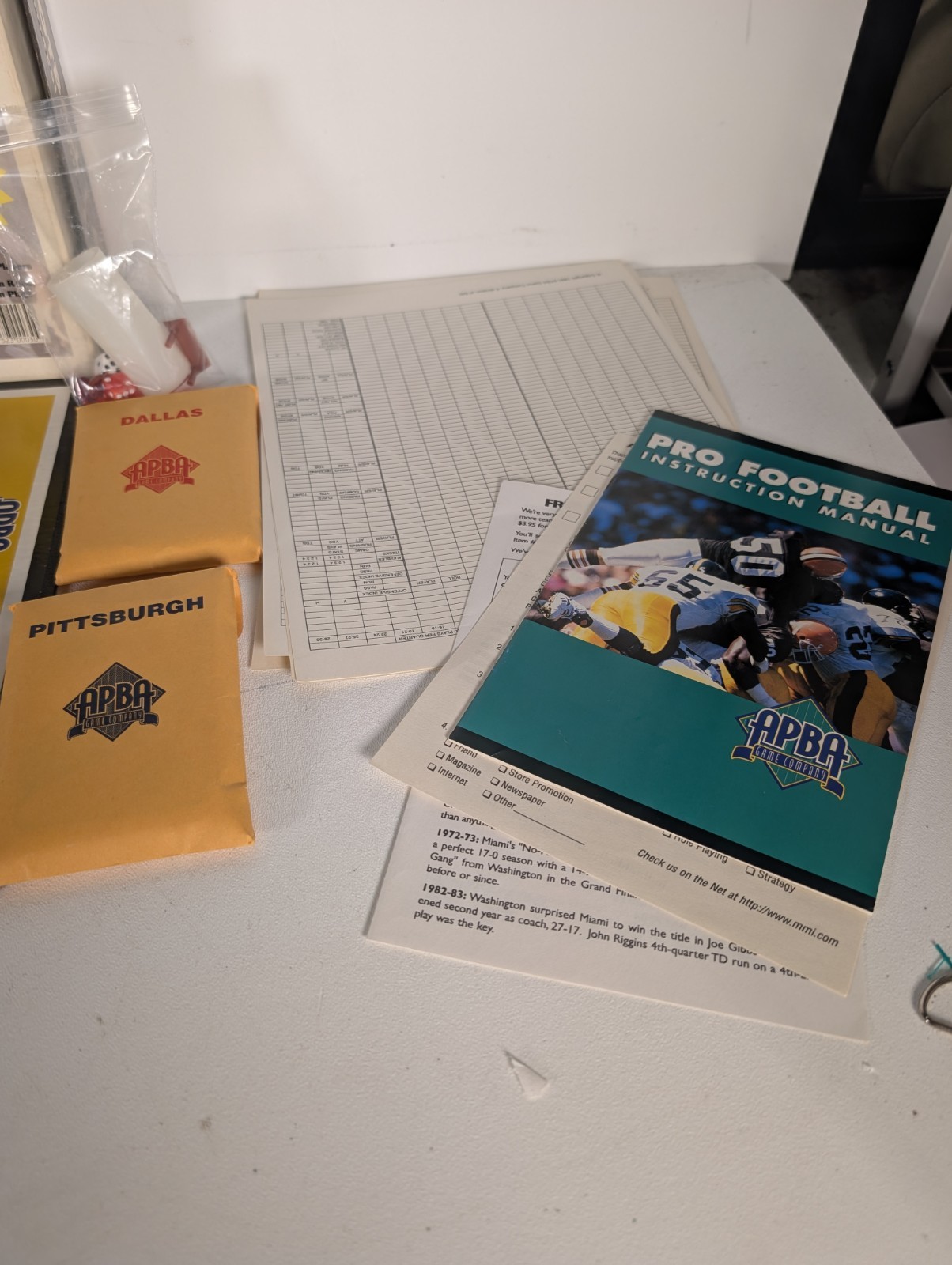 Partial APBA Pro Football Limited Edition Game 1994-95 (Dallas & Pittsburgh)