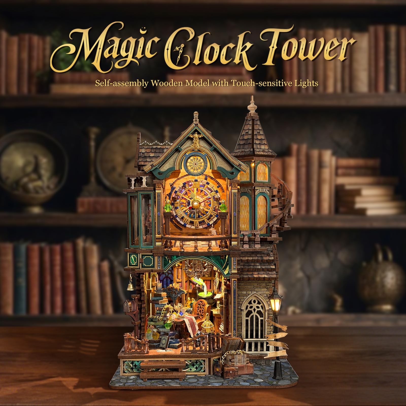 Book Nook Kit Magic Clock Tower 3D Wooden Puzzle LED Lights LORENOOK Adults Home