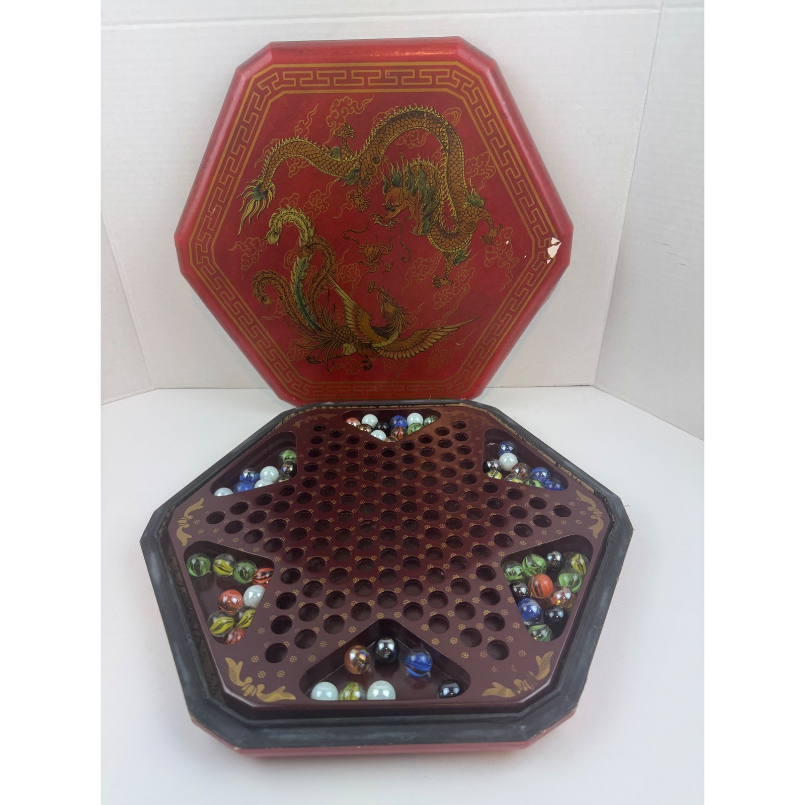 VTG Chinese Checkers Wood Box Set Dragon Phoenix Glass Marbles Some missing