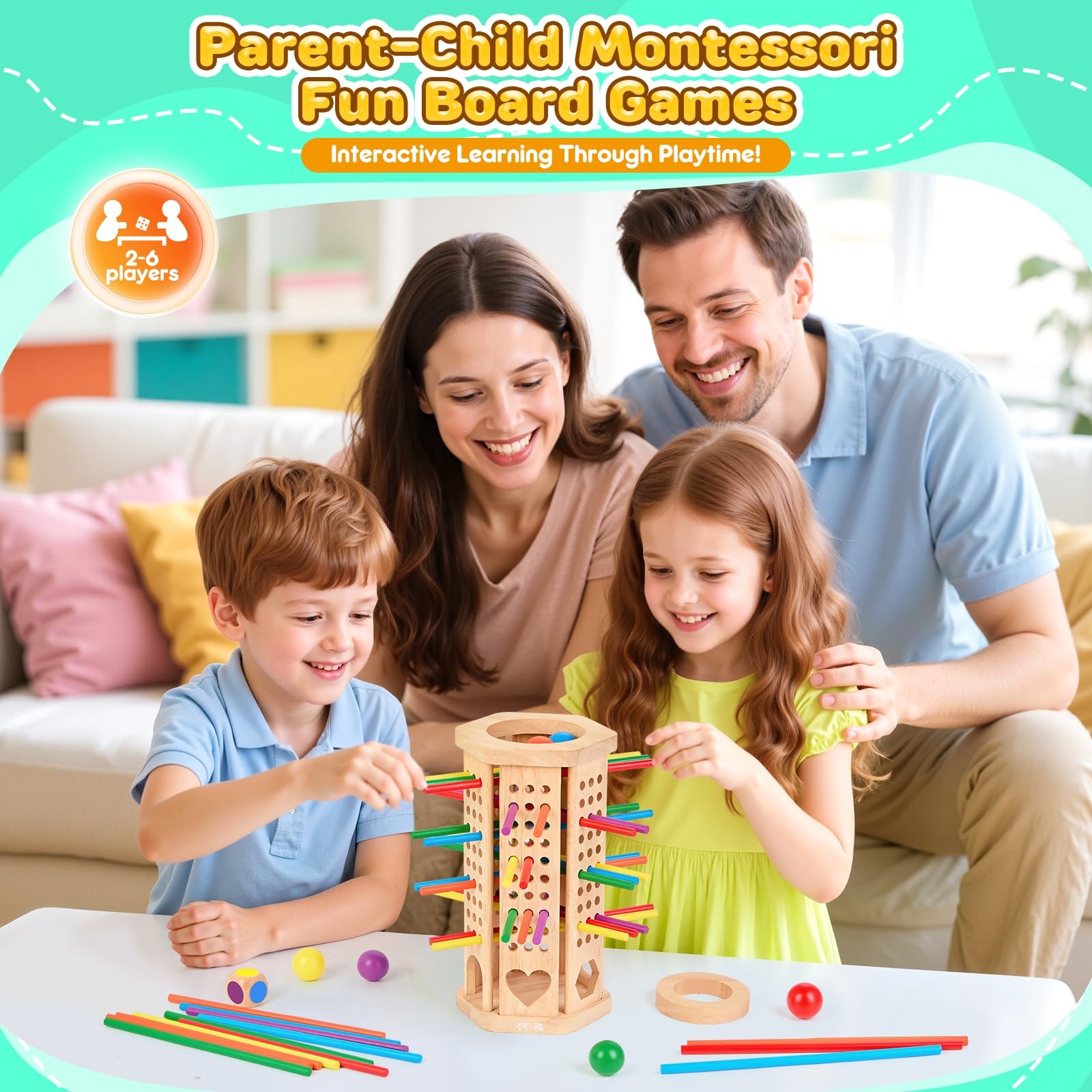 Montessori Wooden Board Game, 42-Stick Dice Game, Math Puzzle for 3 4 5 6 Yea…