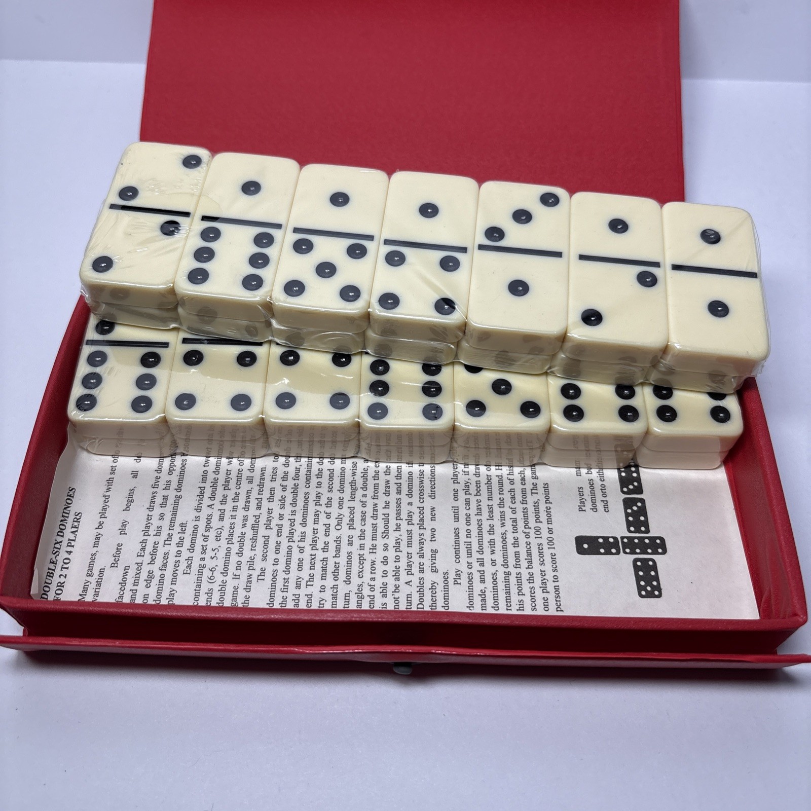 Vintage Heavy Double Six Domino Set with Red Vinyl Game Case BRAND NEW COMPLETE!